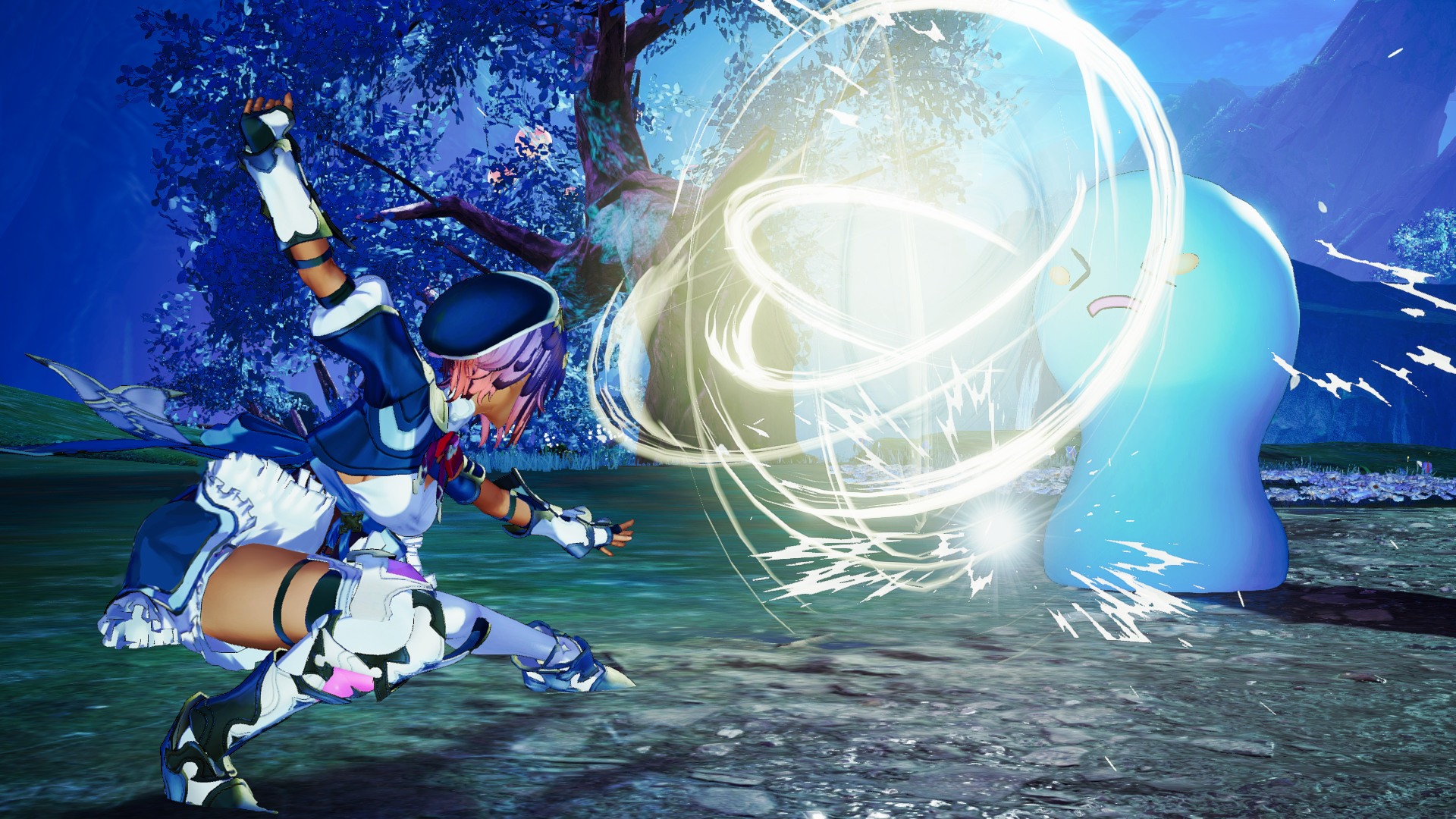 Un personaje de anime con armadura azul lucha contra una gran criatura de tipo limo azul en un bosque.