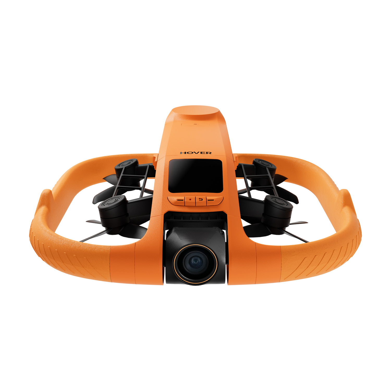 Un drone arancione con fotocamera nera ed eliche su sfondo bianco.