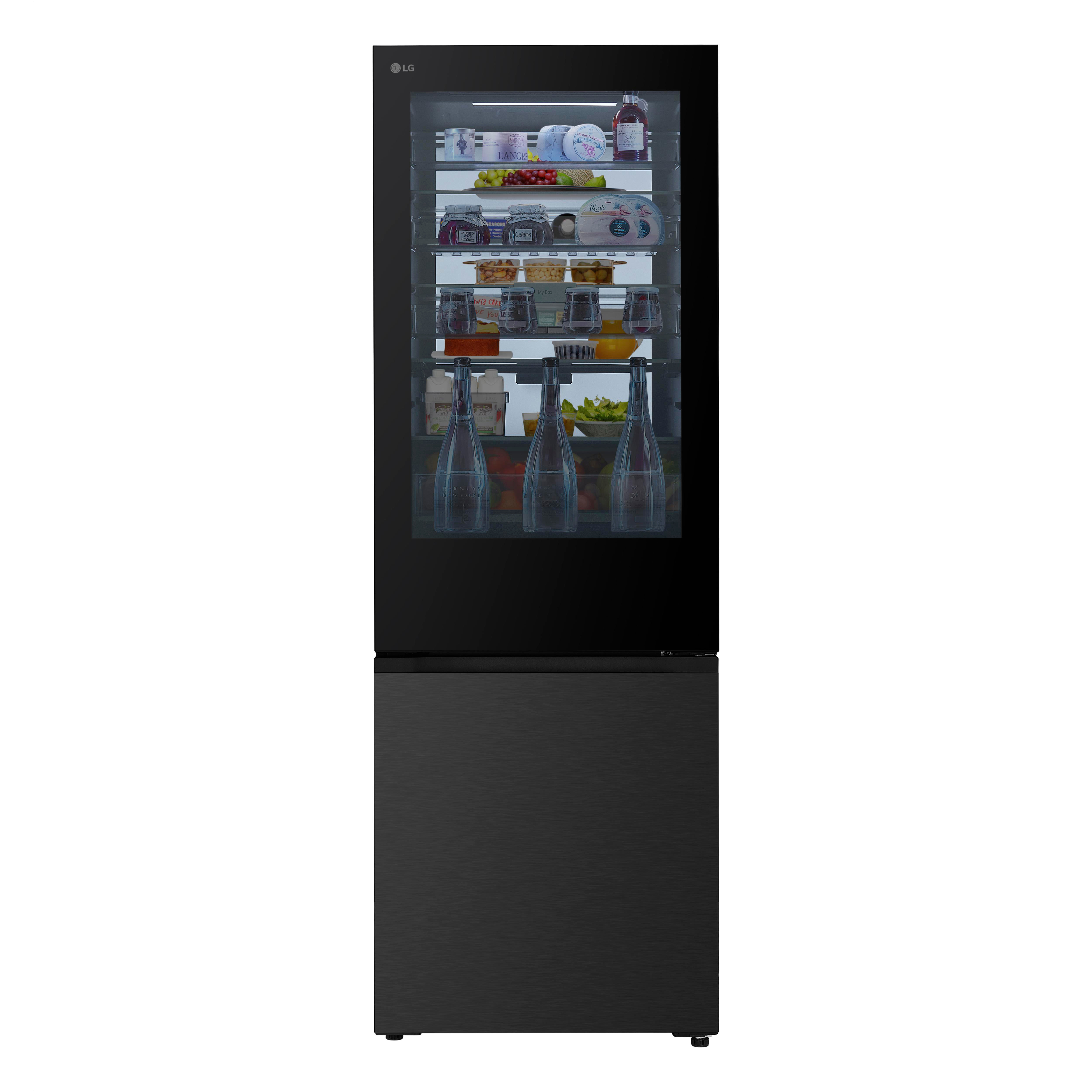 Ein schwarzer LG-Kühlschrank mit Glastür zeigt beleuchtete Regale voller Lebensmittel und Getränke.