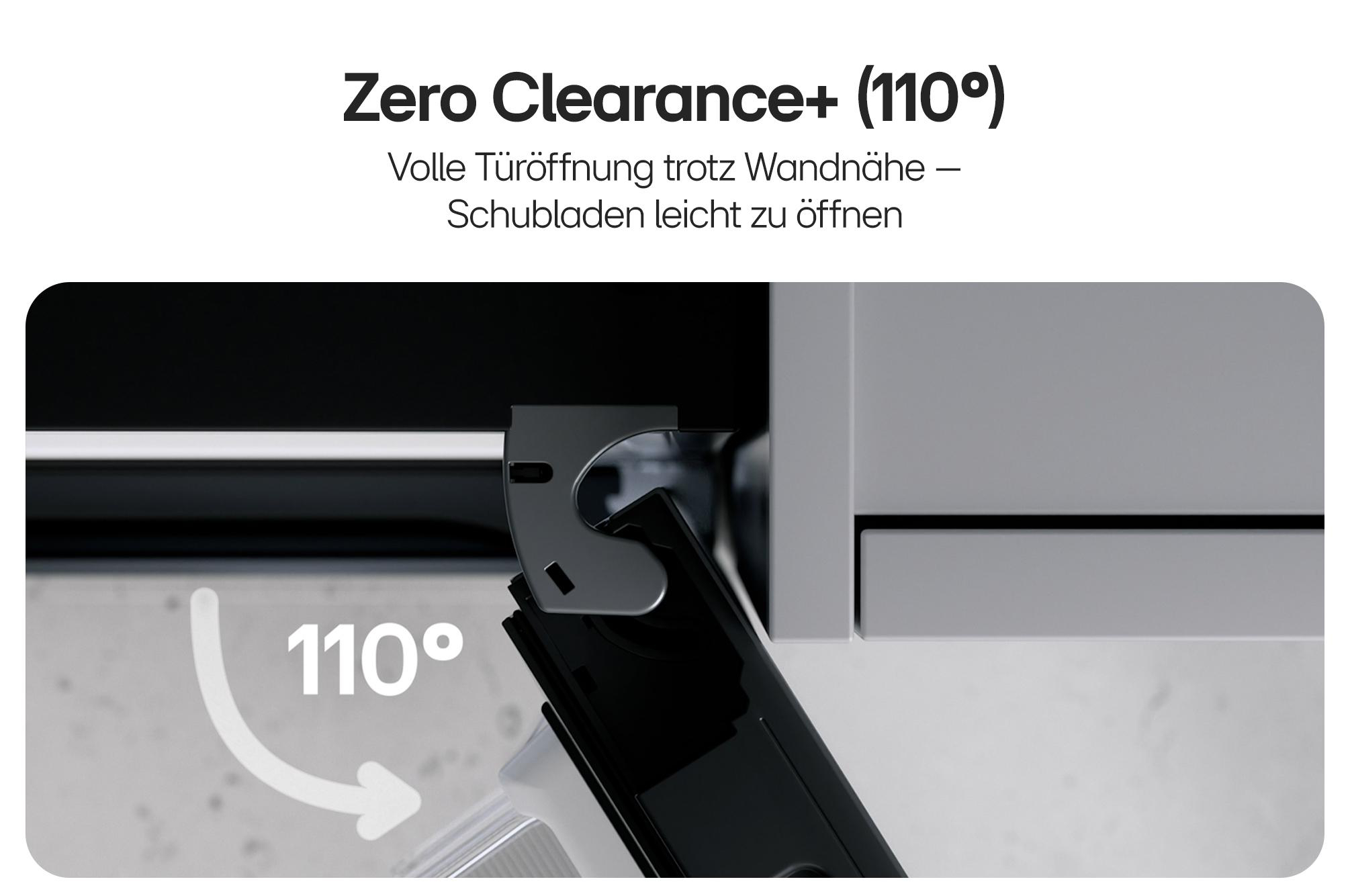 Technische Detailaufnahme eines 110 Grad Türscharniers mit erklärendem Text.