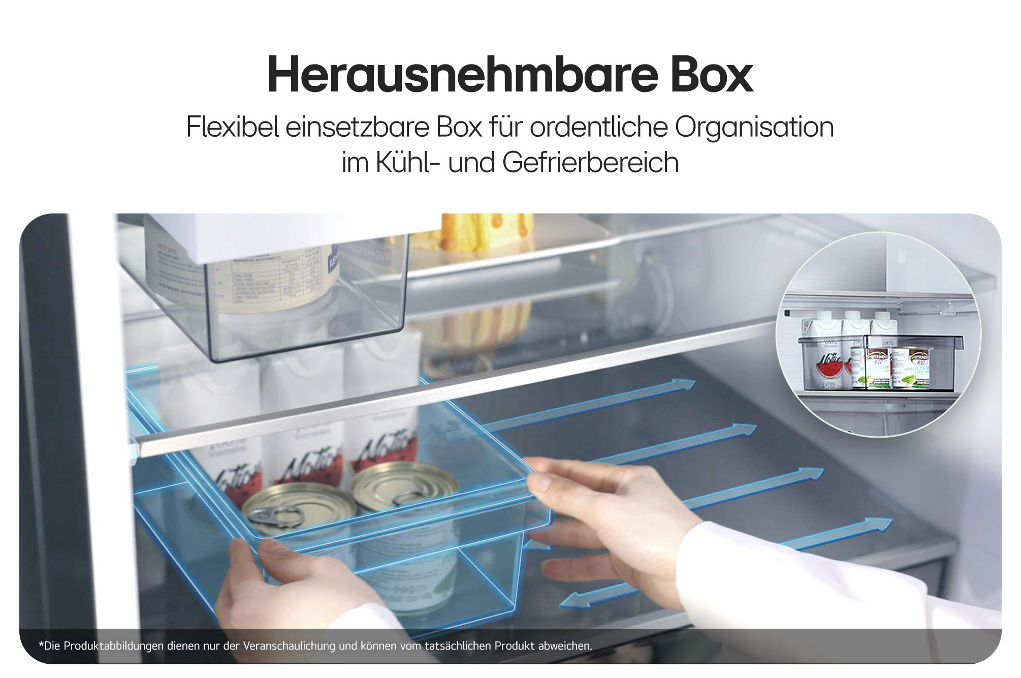 Eine Hand schiebt eine transparente, herausnehmbare Aufbewahrungsbox in ein Kühlschrankregal.