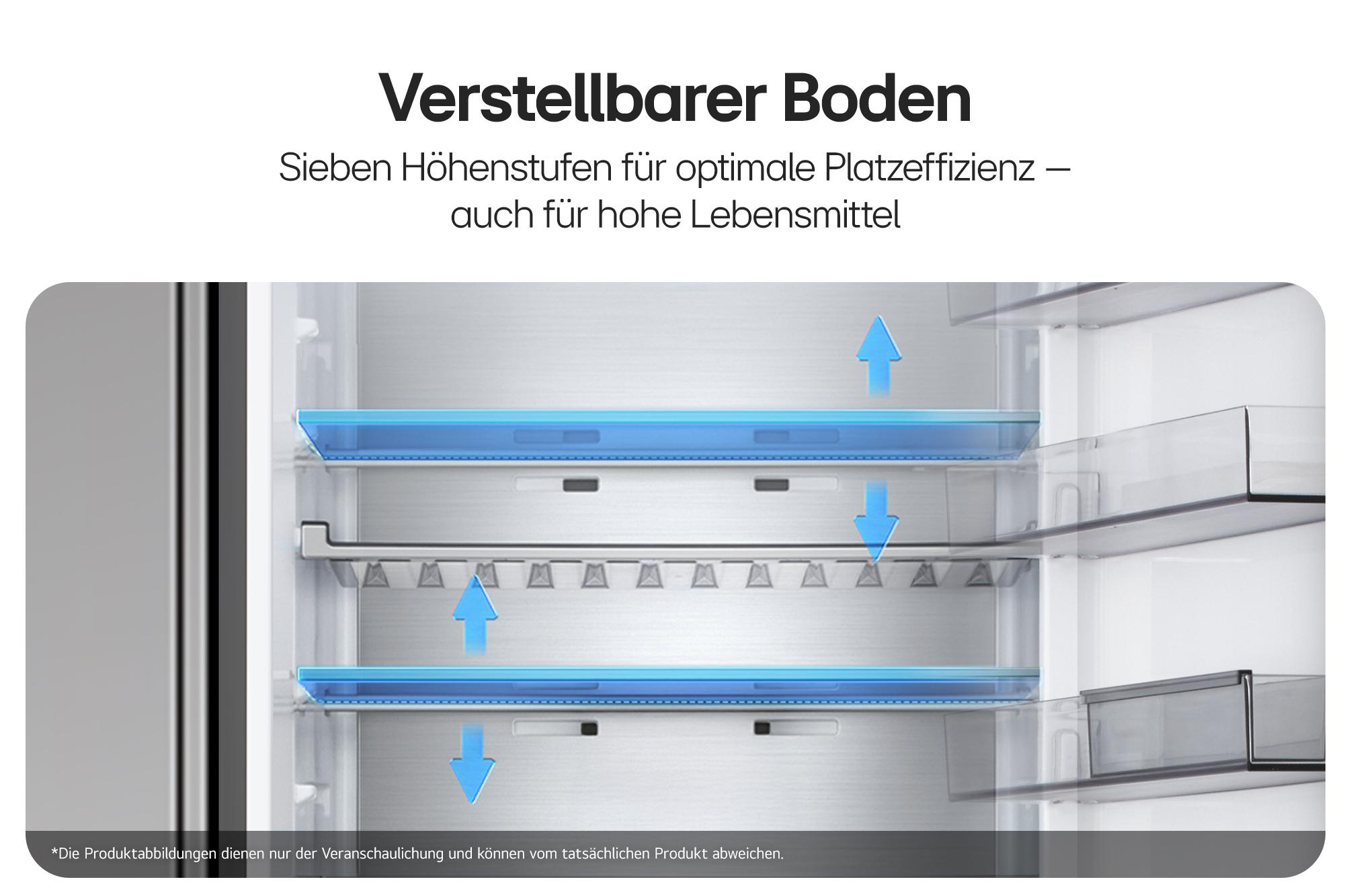Kühlschrankinnenraum mit verstellbaren Glasböden und blauen Richtungspfeilen.