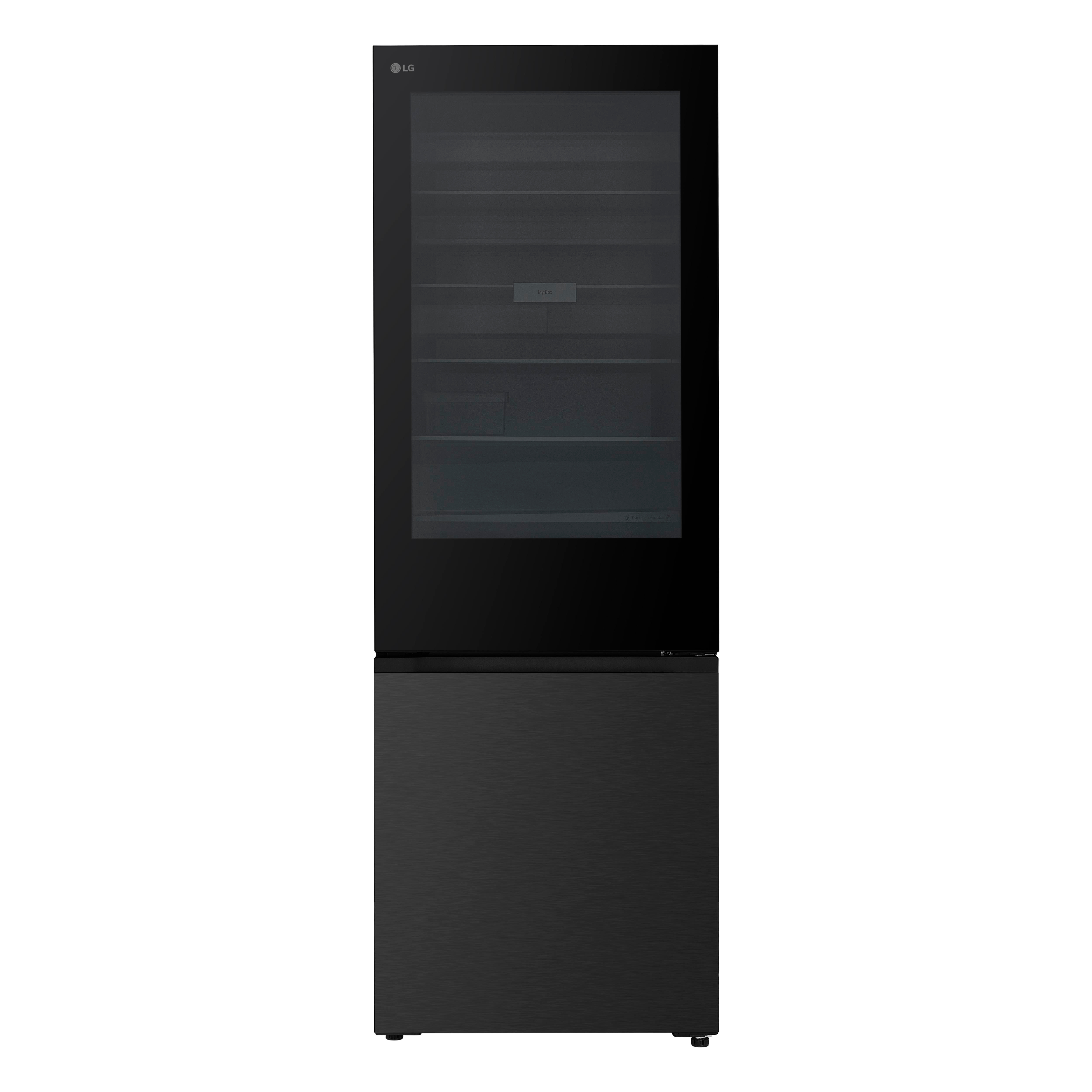 Ein schlanker, schwarzer LG-Kühlschrank mit Glastür oben und Schublade unten vor weißem Hintergrund.