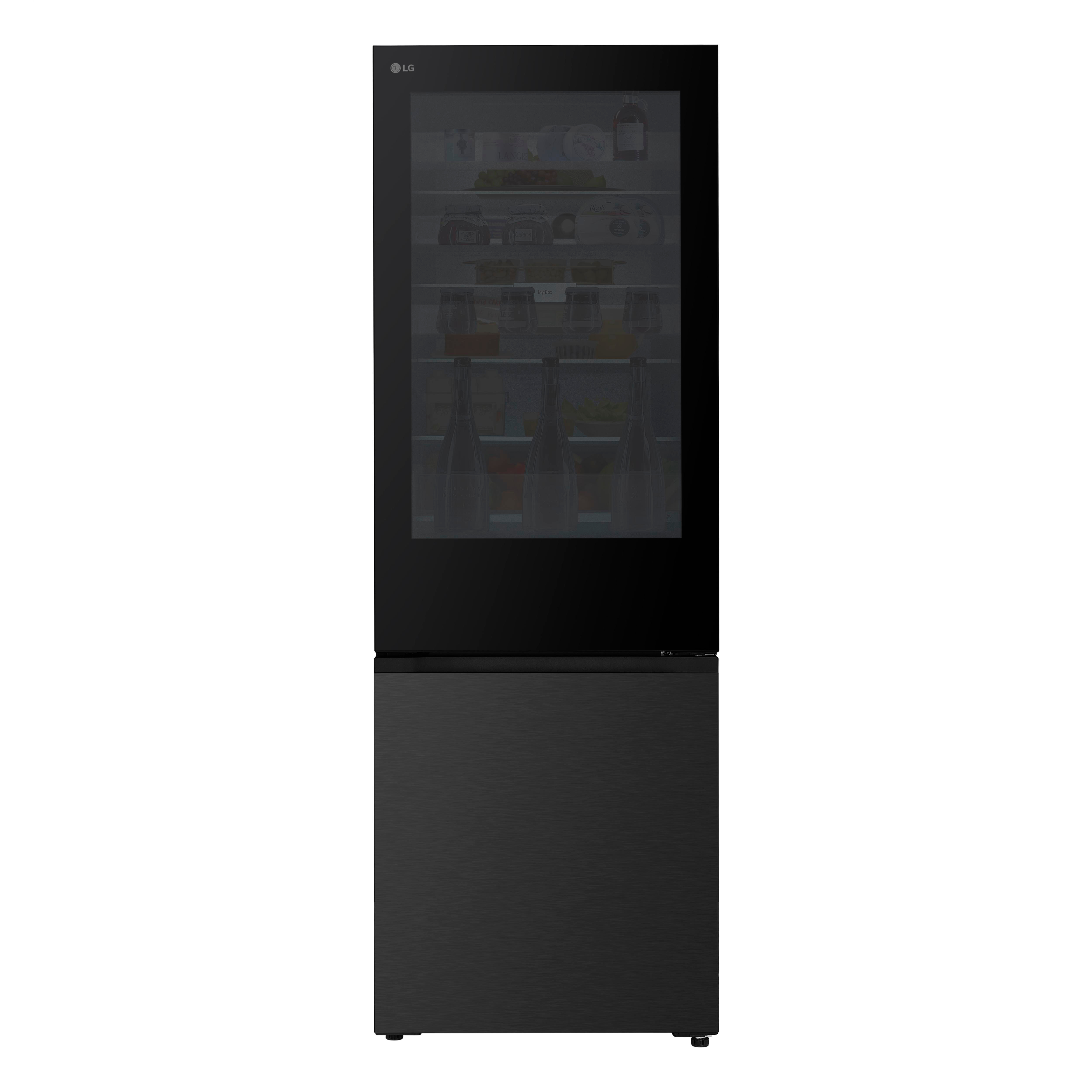 Schwarzer LG-Kühlschrank mit Glastür oben und Schublade unten, befüllt mit Lebensmitteln und Flaschen.