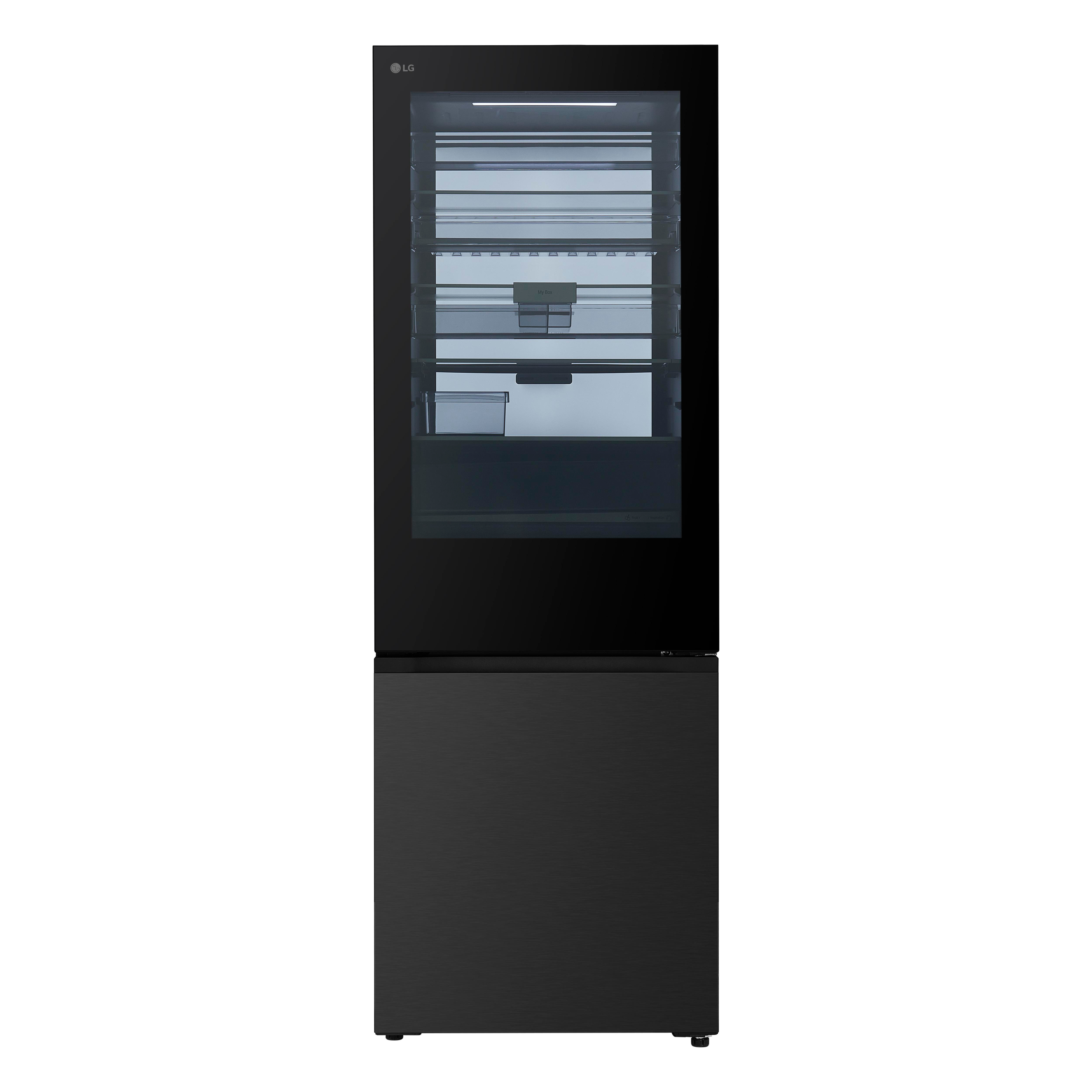 Ein schwarzer LG-Kühlschrank mit Glastür oben und Schublade unten.