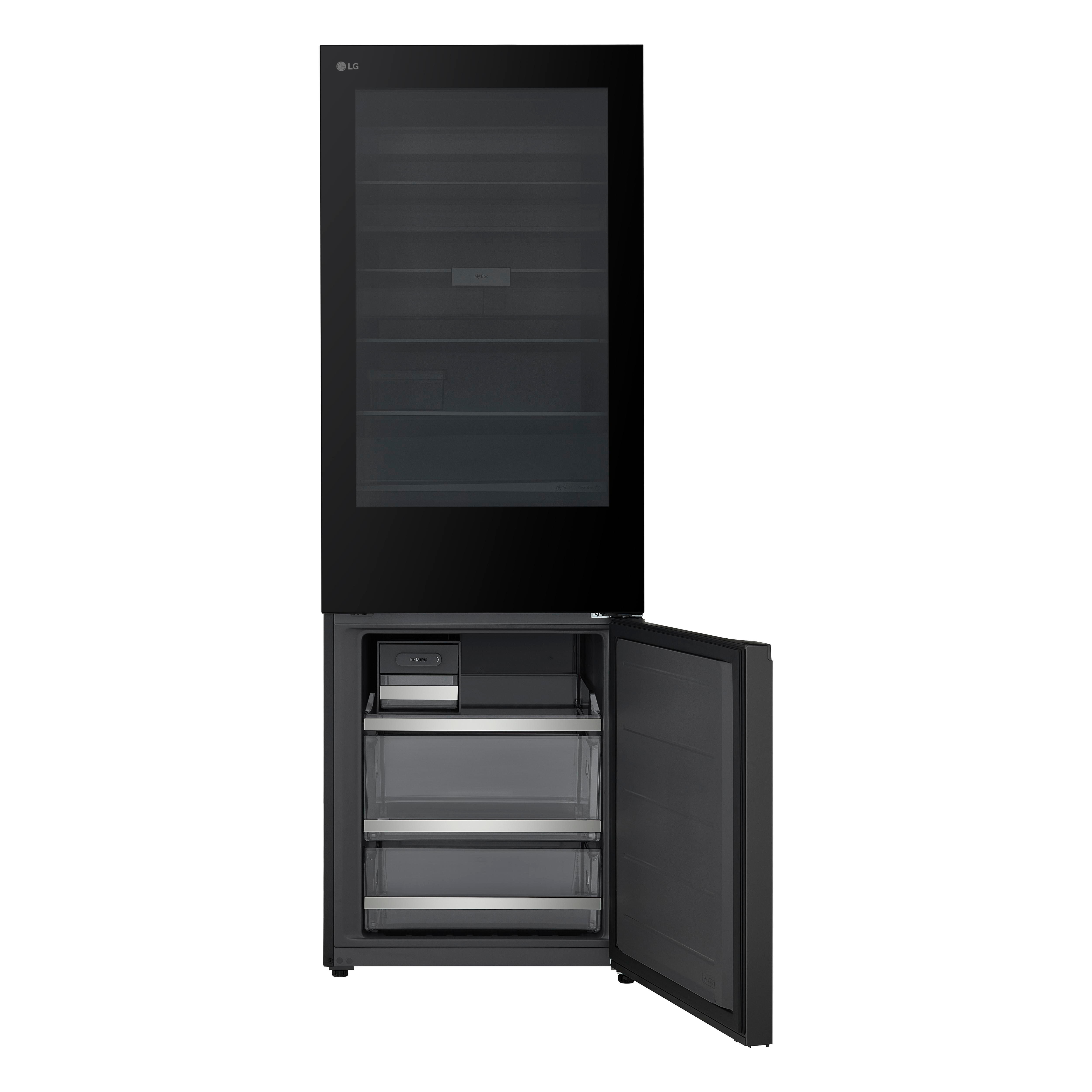 Ein schwarzer LG-Kühlschrank mit Glastür oben und geöffnetem Gefrierfach unten gegen weißem Hintergrund.