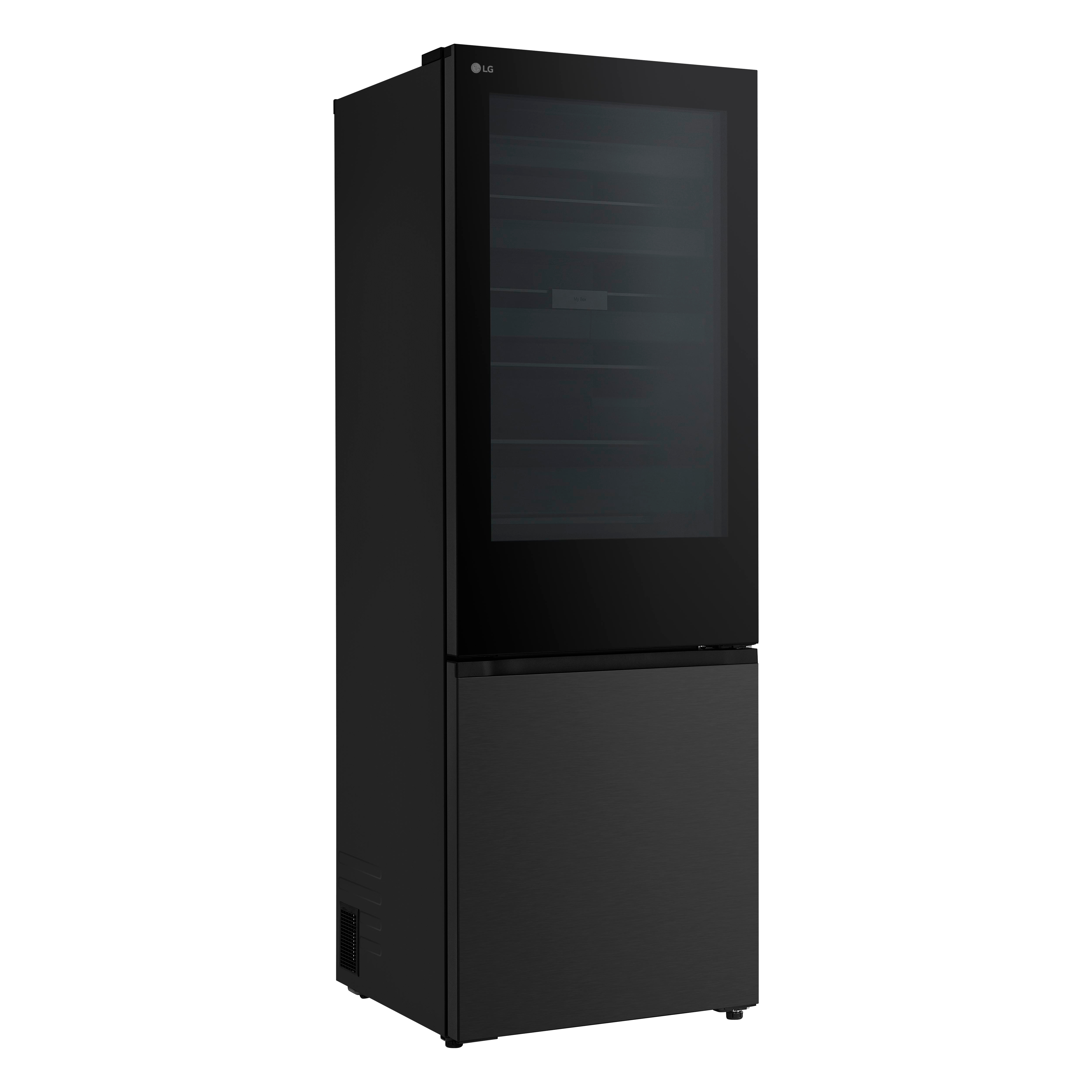 Ein moderner schwarzer LG Kühlschrank mit Glastür oben und fester Tür unten vor weißem Hintergrund.