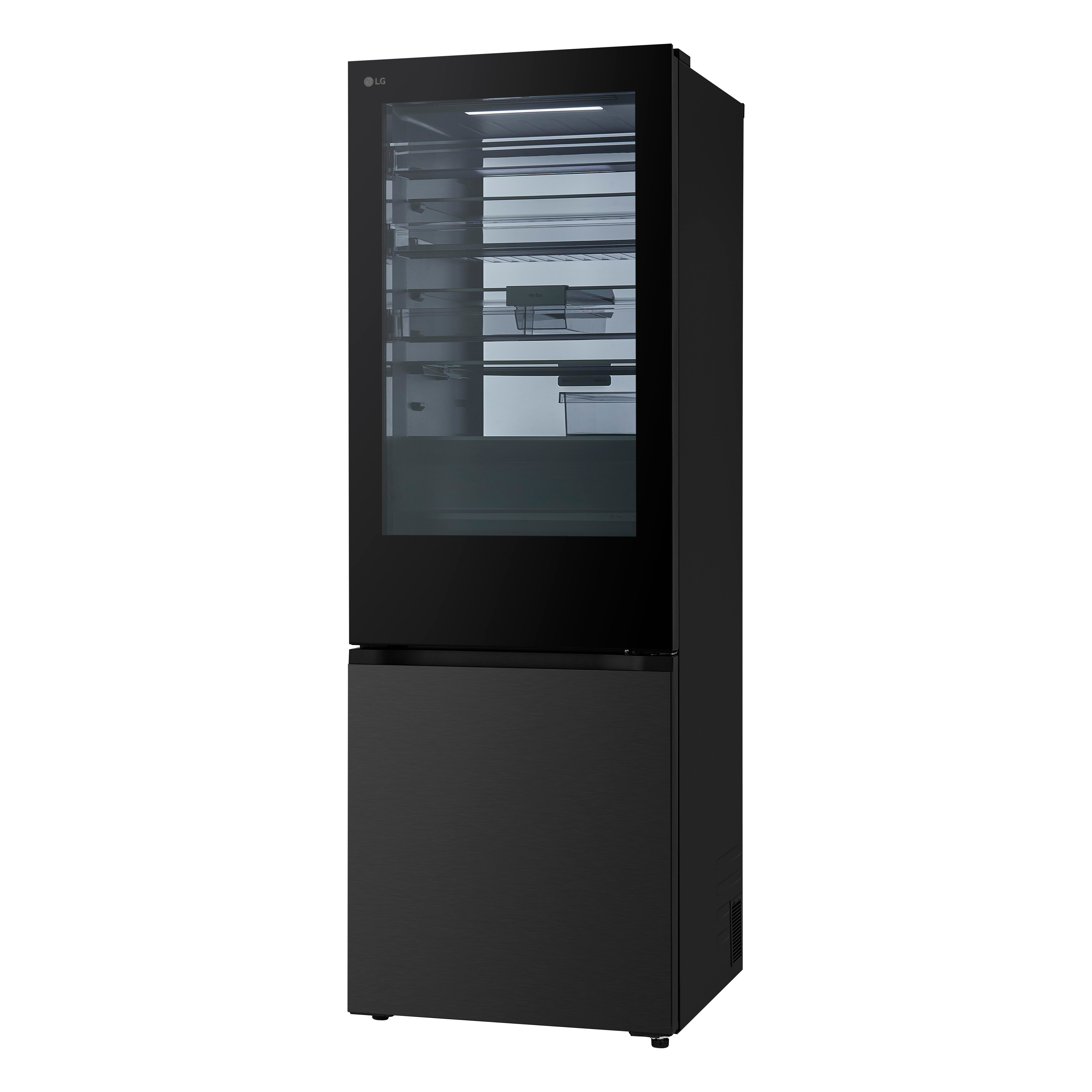 Schwarzer LG-Kühlschrank mit Glastür oben und Schublade unten.
