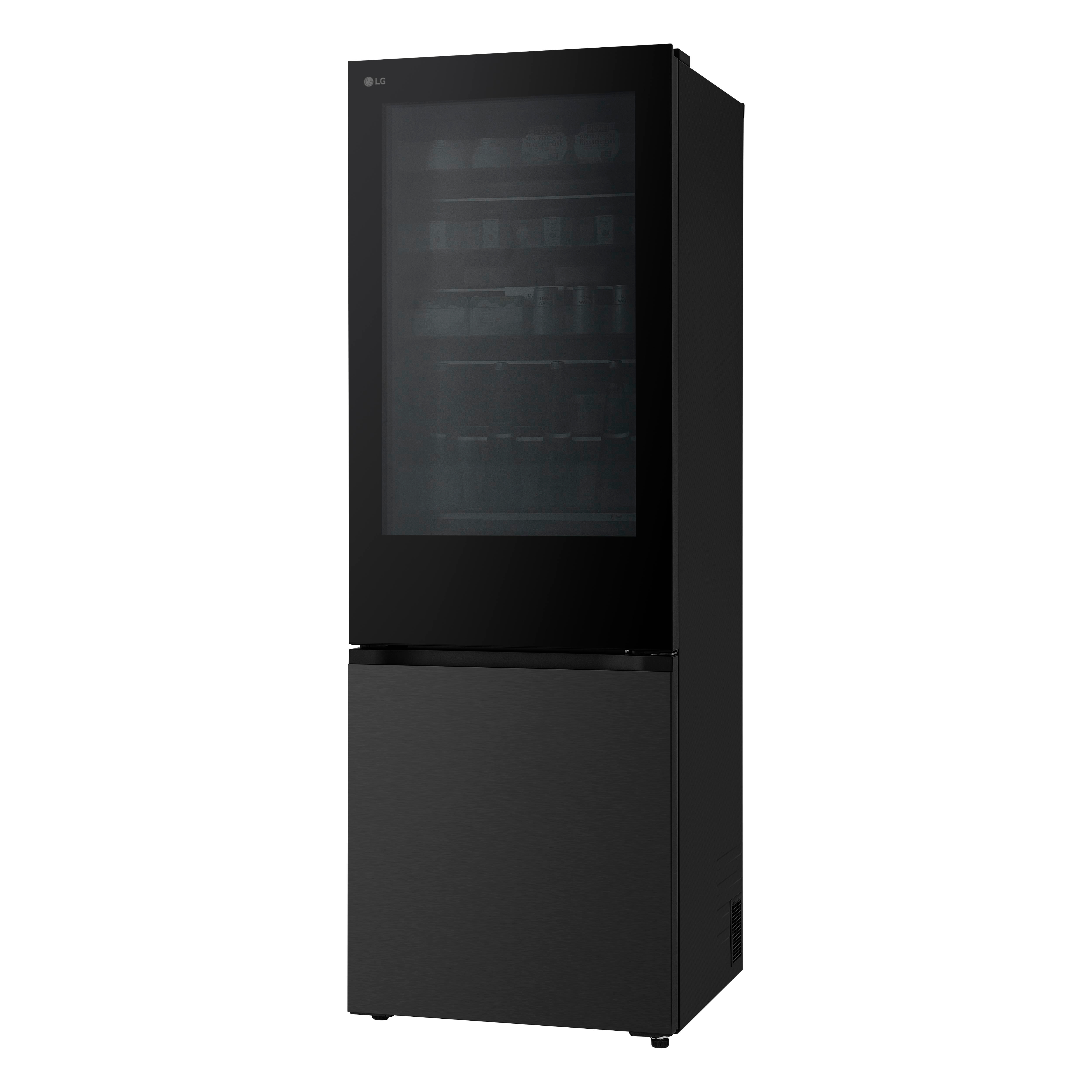 Ein schwarzer LG-Kühlschrank mit Glastür oben und Schublade unten.