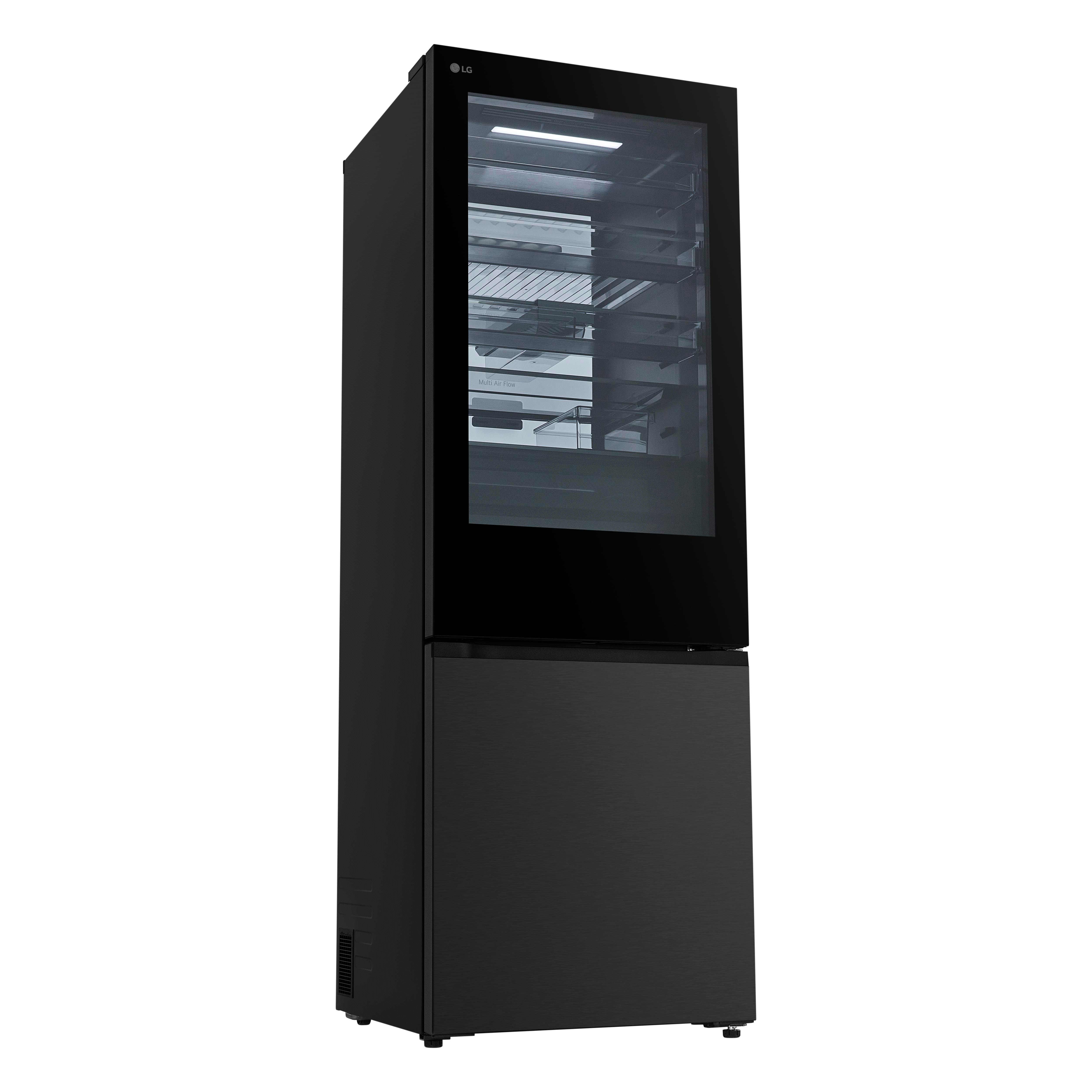 Schwarzer LG-Kühlschrank mit Glastür oben und Schublade unten vor weißem Hintergrund.
