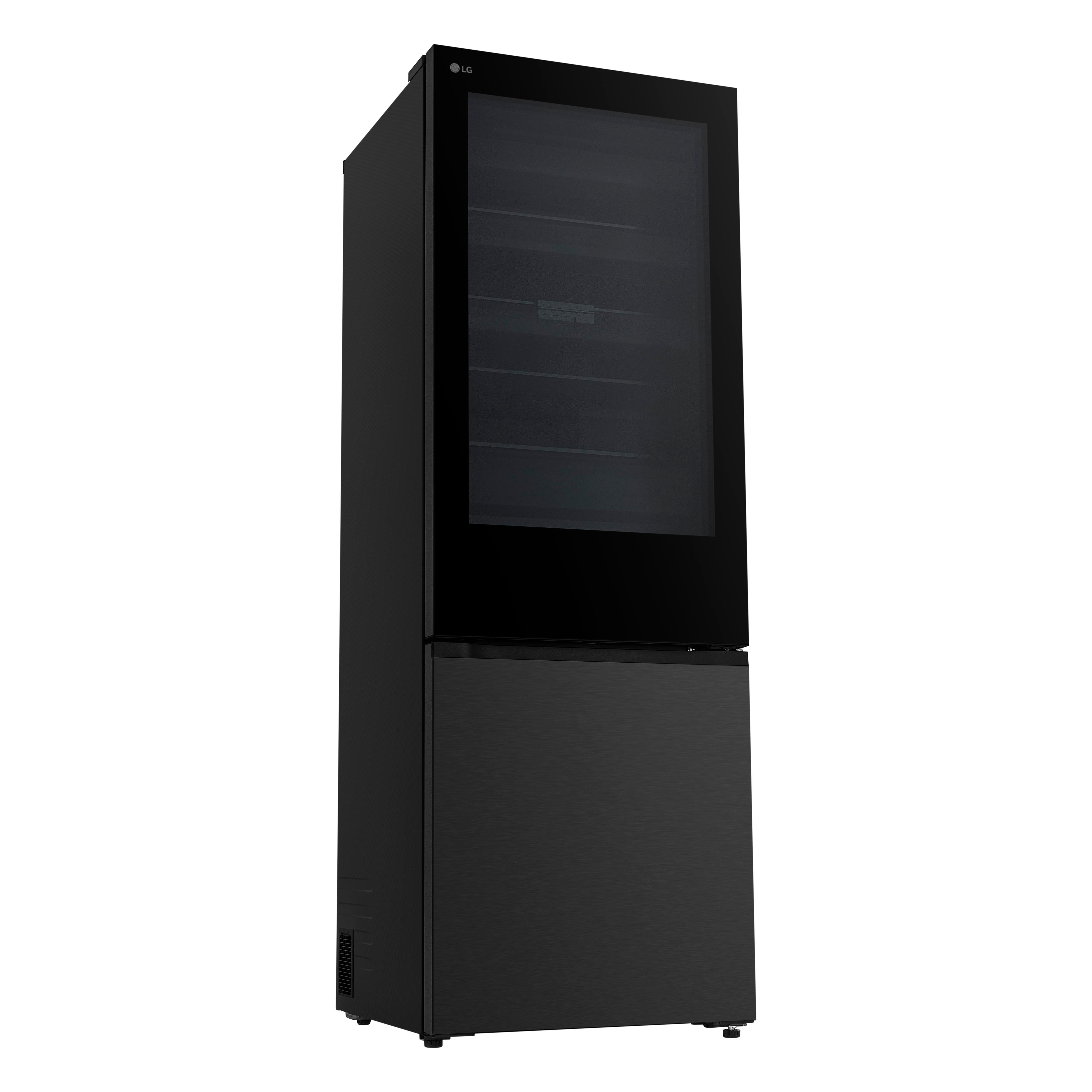 Ein schlanker, schwarzer LG-Kühlschrank mit Glastür oben und Schublade unten auf weißem Hintergrund.