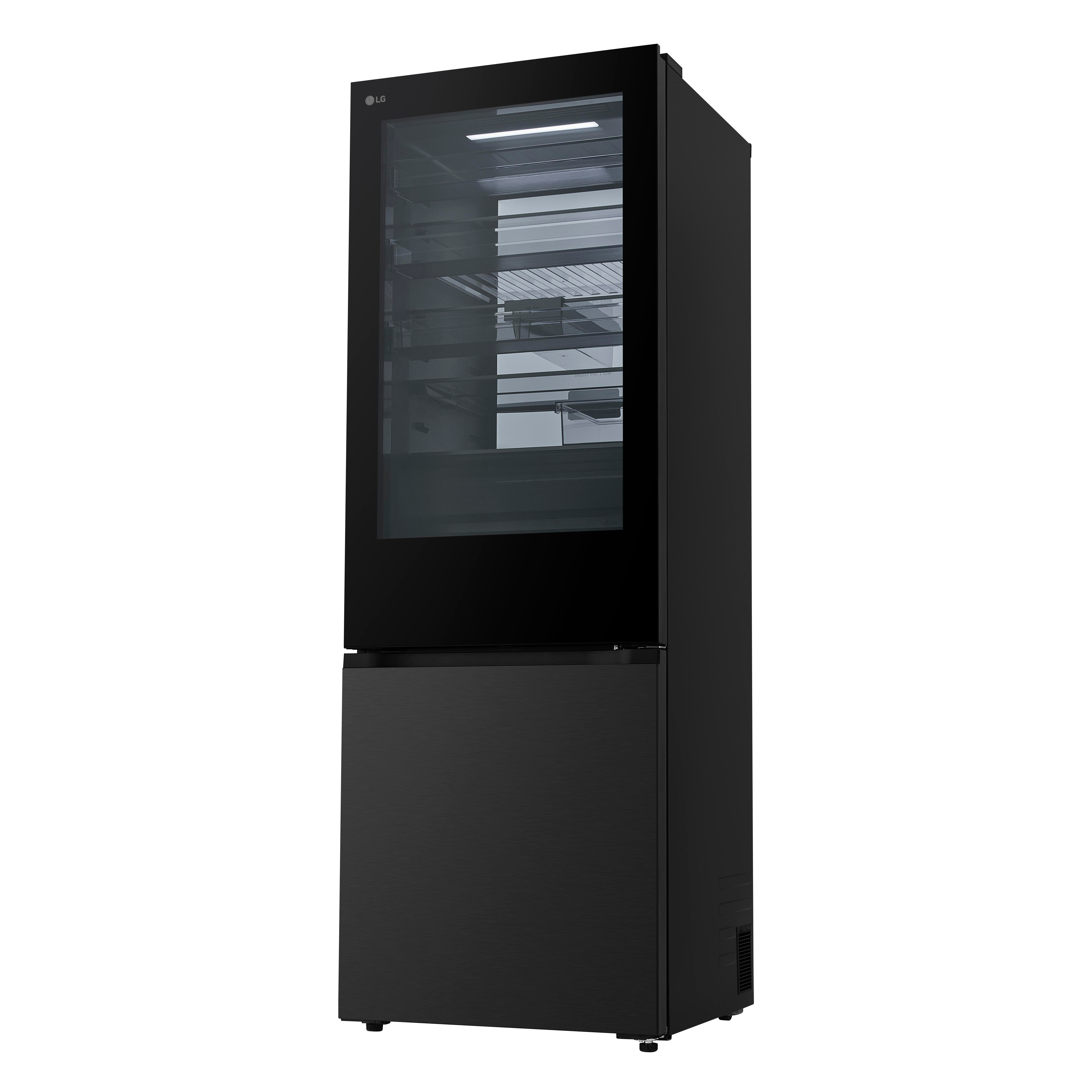 Ein schwarzer LG-Kühlschrank mit Glastür oben und Schublade unten vor weißem Hintergrund.