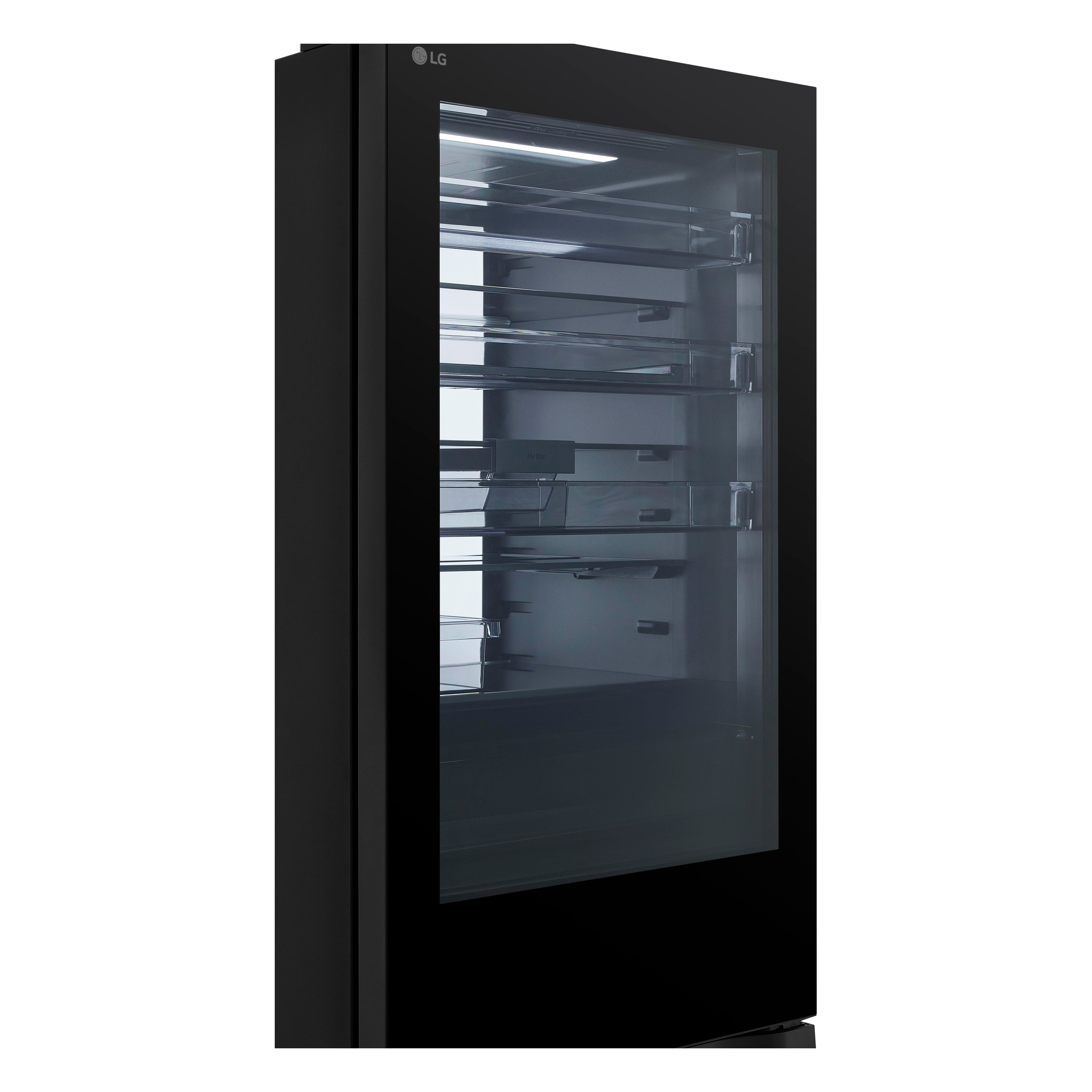 Schwarzer LG-Kühlschrank mit Glastür und heller Innenbeleuchtung.
