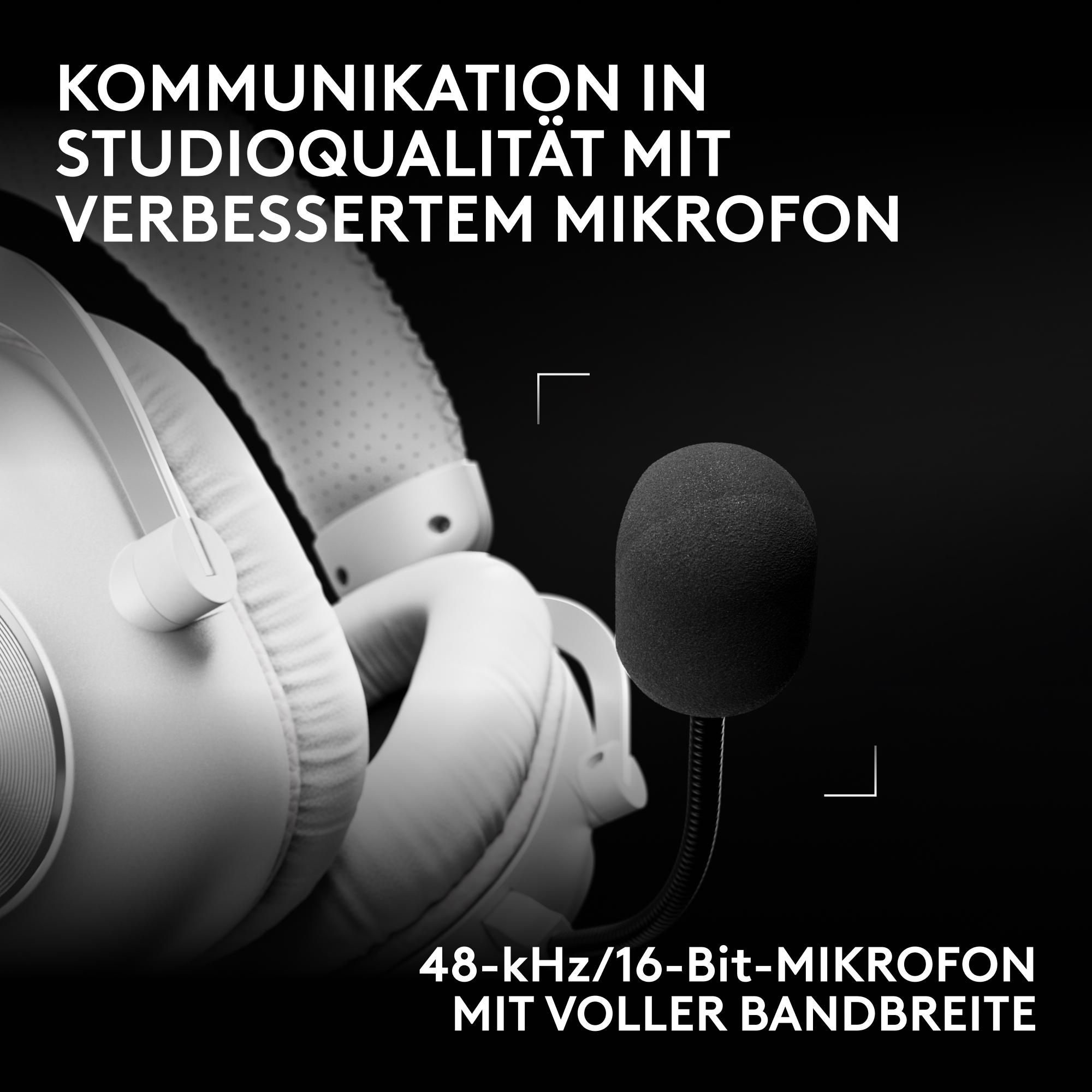 Studio-Headset mit verbessertem Mikrofon auf schwarzem Hintergrund mit Text.