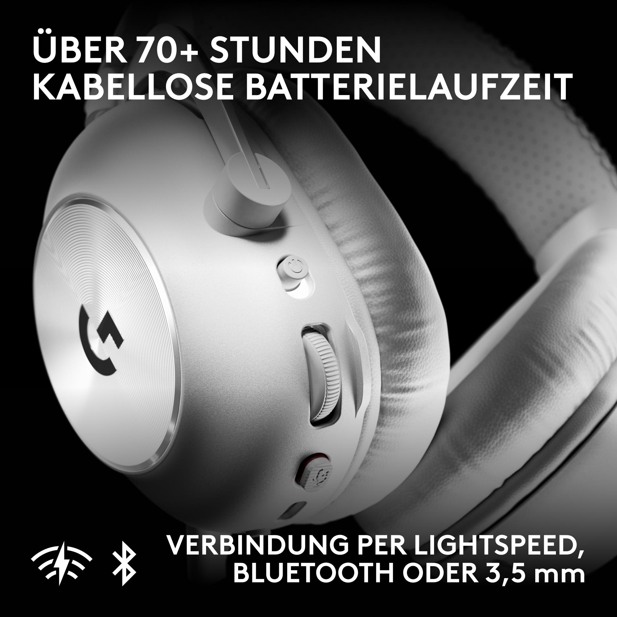 Close-up of white wireless headphones with volume wheel and power button against a black background.