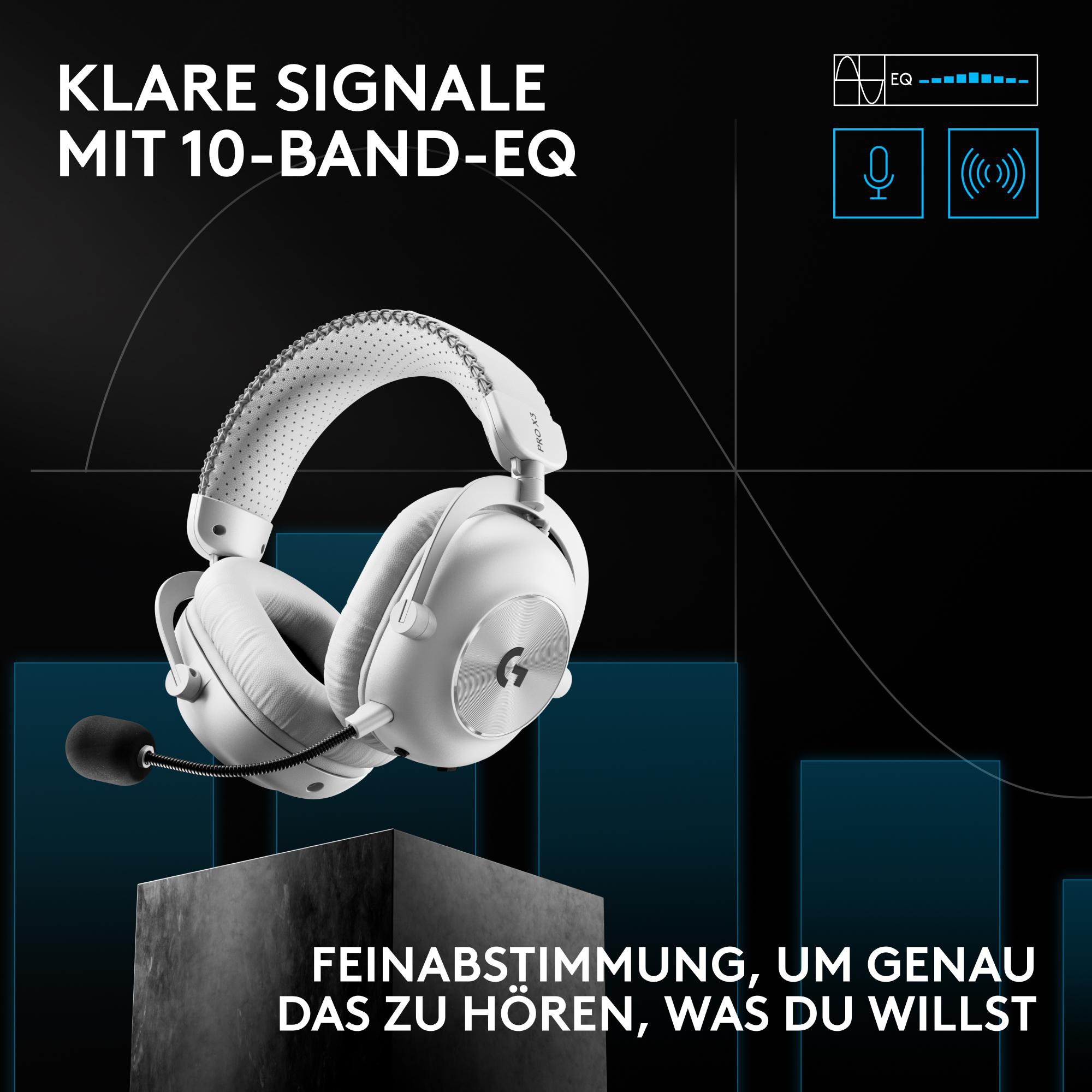 Weiße Gaming-Headsets mit Mikrofon vor schwarzem Hintergrund mit blauen Akzenten und Text.