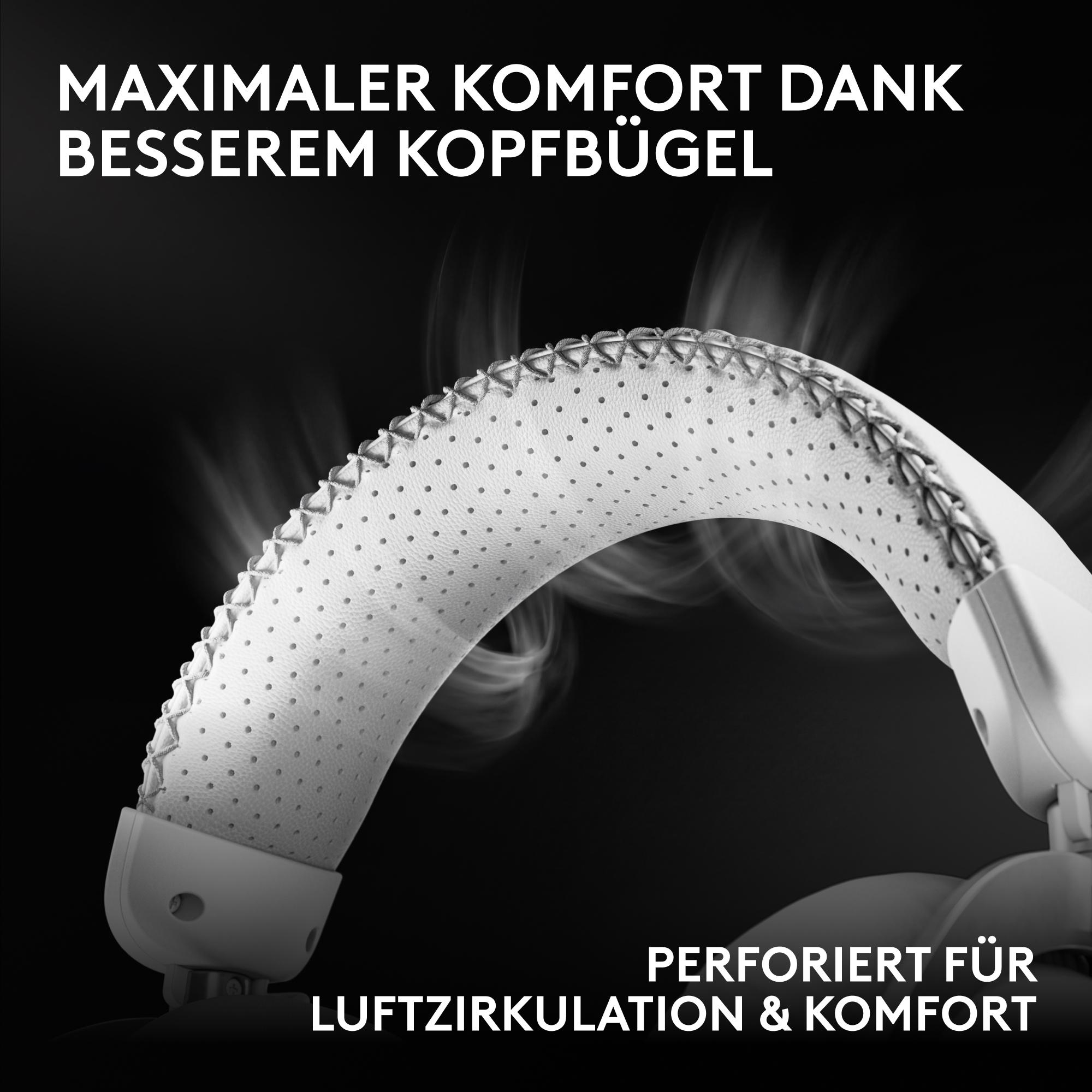 Perforierter, weißer Kopfhörerbügel mit sichtbaren Nähten und aufsteigenden Luftströmen auf schwarzem Hintergrund.