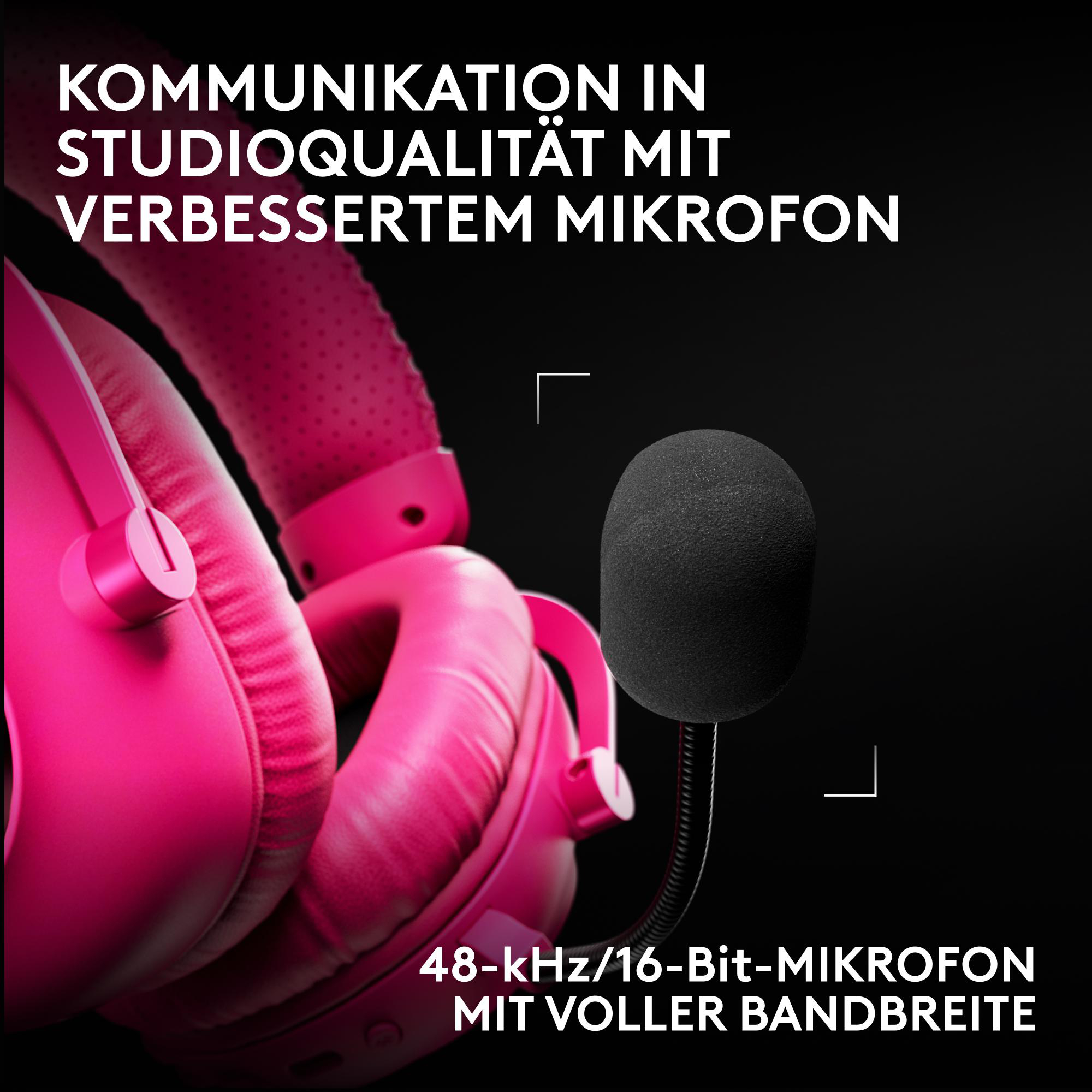 Pinkfarbenes Gaming-Headset mit schwarzem Mikrofon vor dunklem Hintergrund.