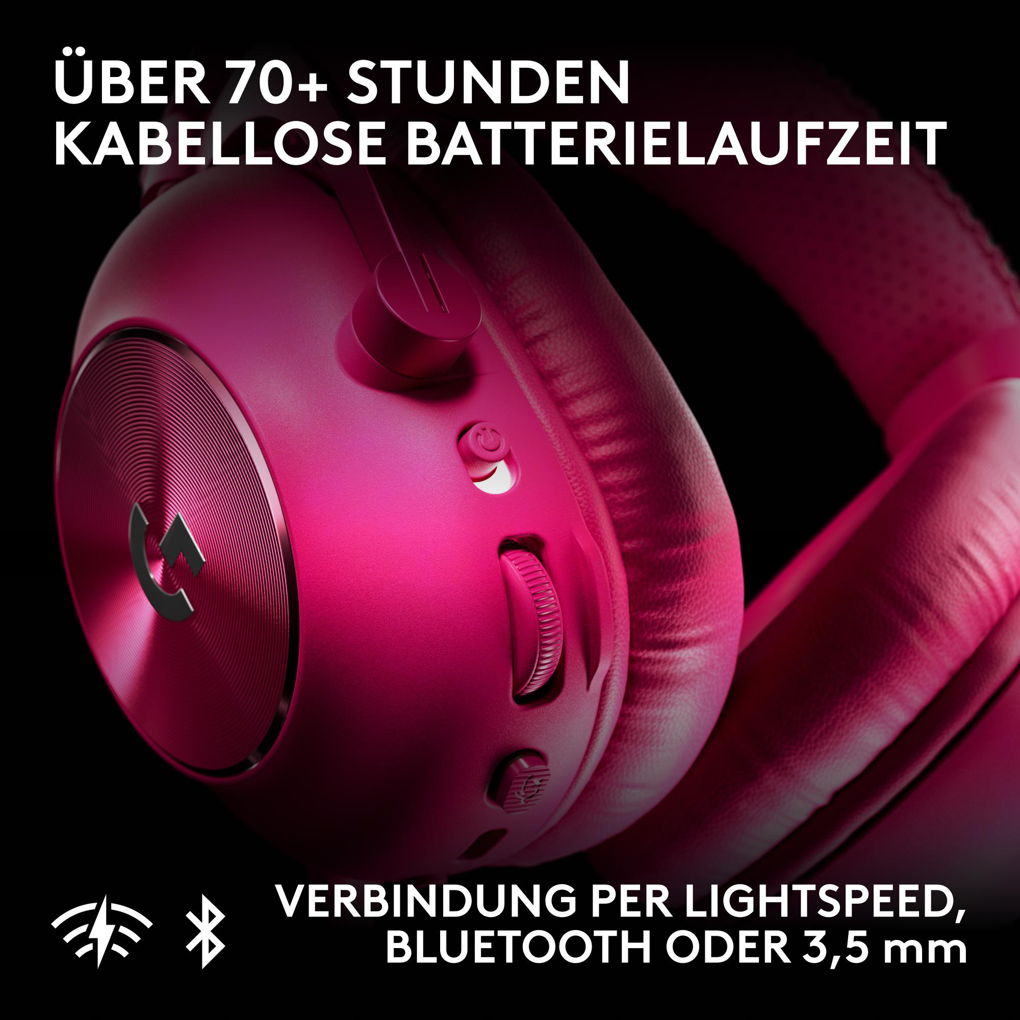 Rosa kabellose Kopfhörer mit Bedienelementen und Text in deutscher Sprache auf schwarzem Hintergrund.