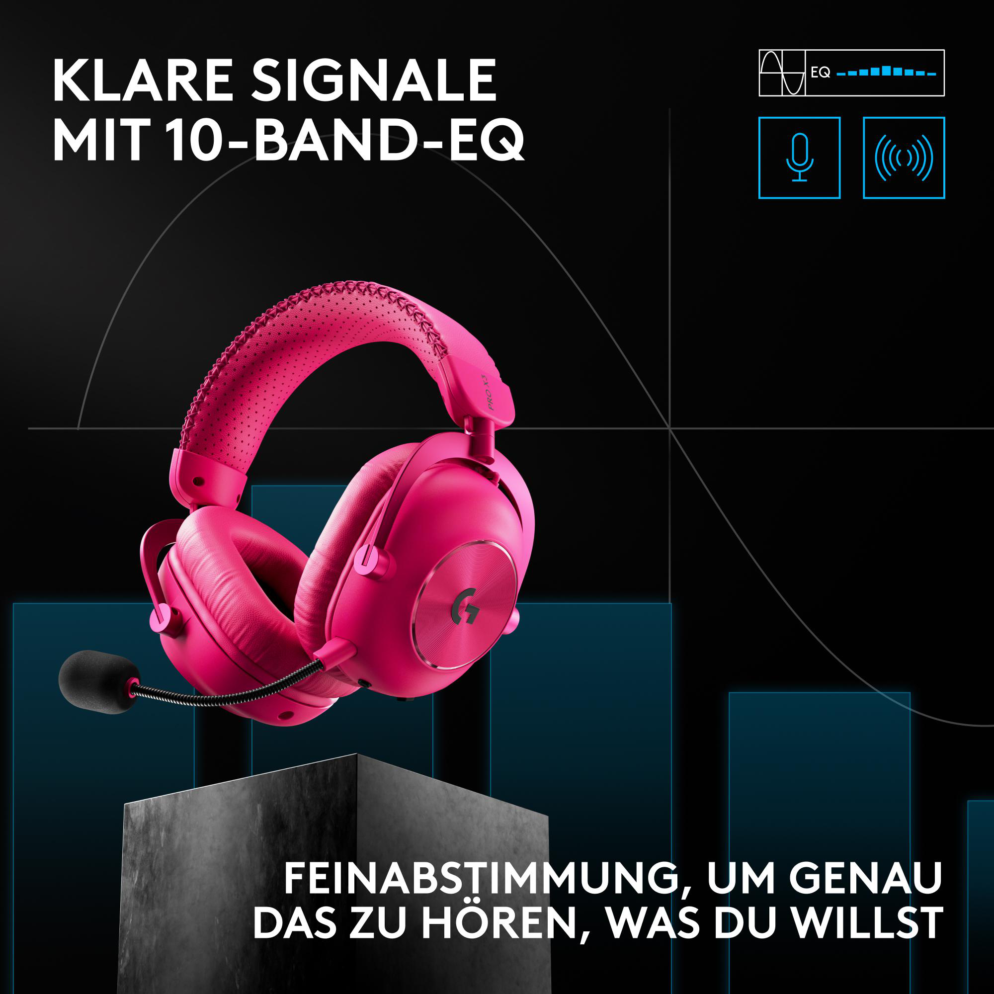 Pinker Gaming-Kopfhörer mit Mikrofon vor einem dunklen Hintergrund mit blauen Grafikelementen und deutschem Text.