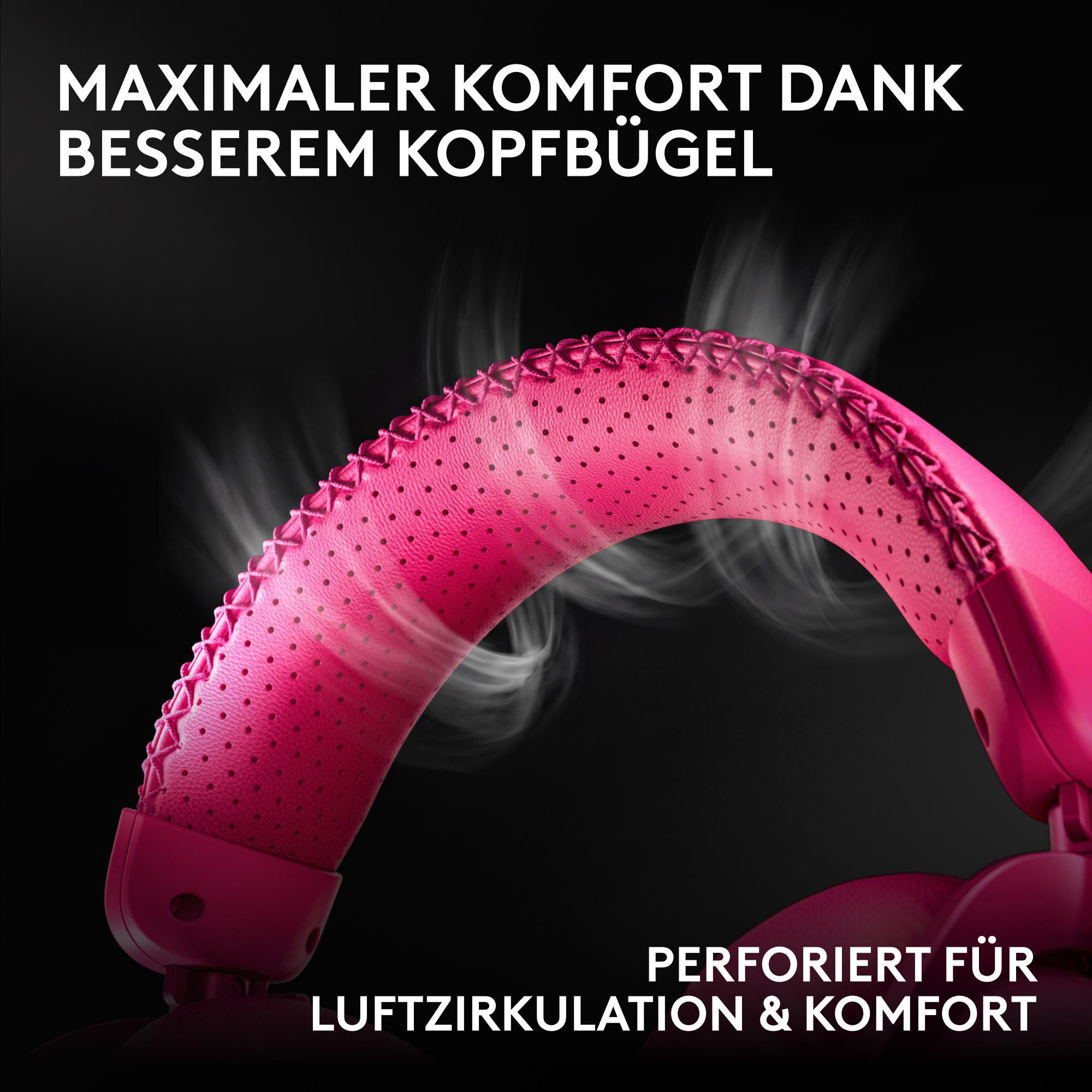 Rosa Kopfhörerbügel mit Perforationen und aufsteigendem Dampf für Luftzirkulation.