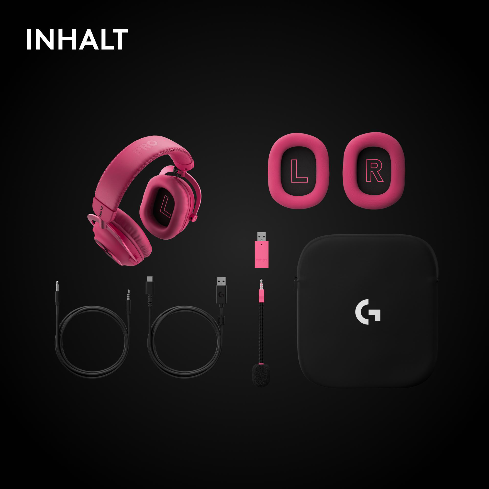 Rosa Gaming-Headset mit Ersatzohrpolstern, Kabeln, Mikrofon, USB-Adapter und schwarzer Tragetasche auf dunklem Hintergrund.