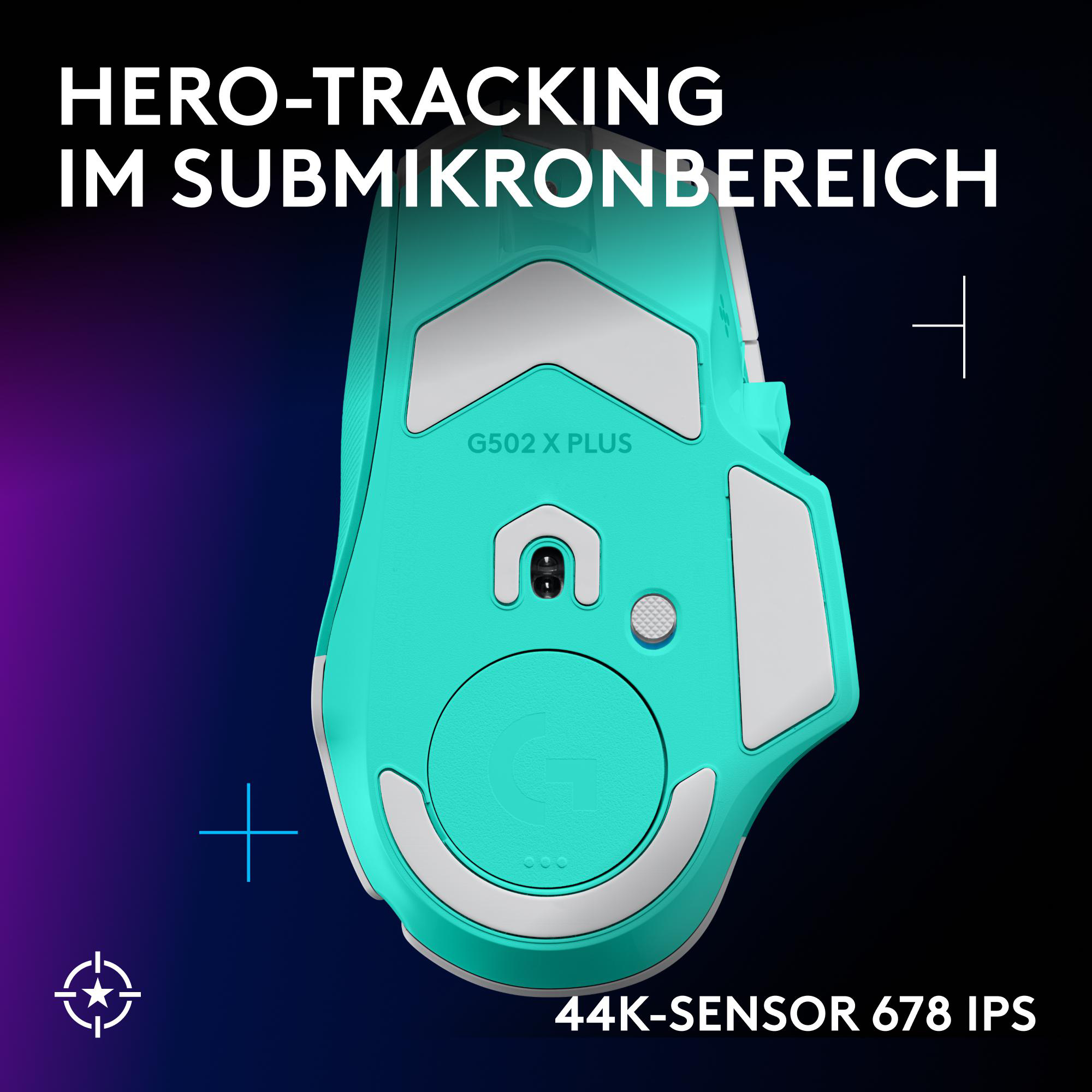 Unterseite einer türkis-weißen G502 X PLUS Gaming-Maus vor dunklem Hintergrund mit Text.