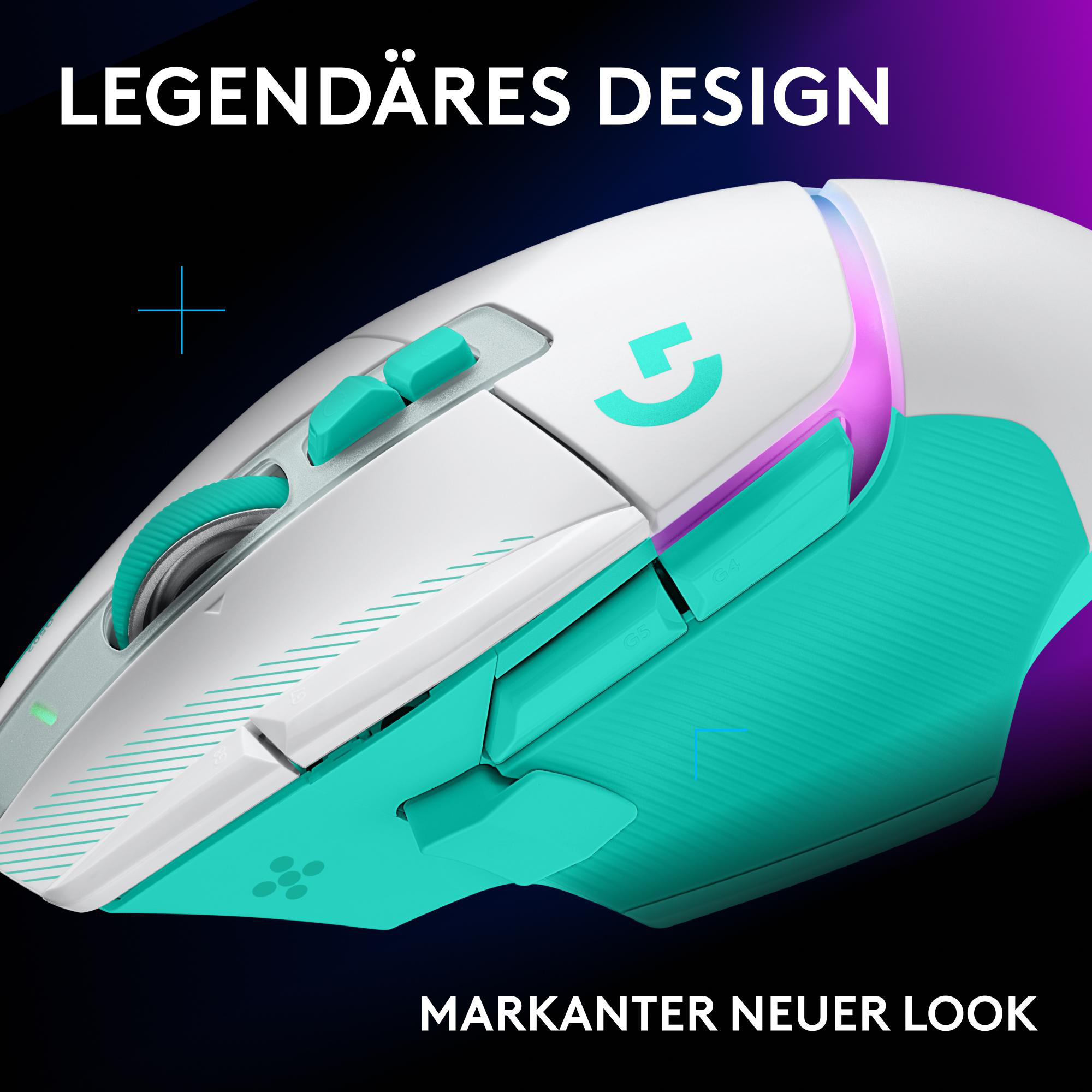 Weiße und türkisblaue Gaming-Maus mit RGB-Beleuchtung vor dunklem Hintergrund.