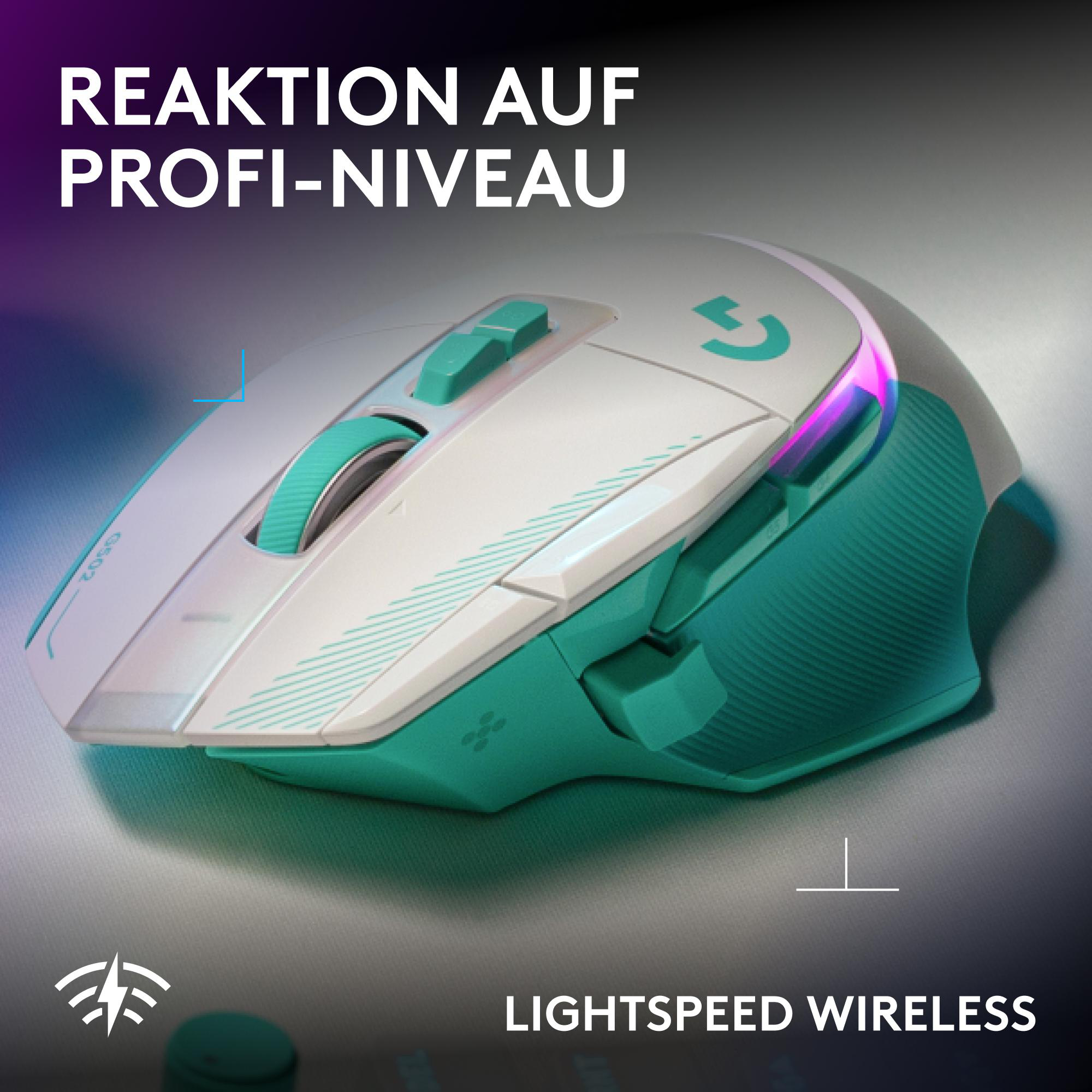 Eine weiße und türkise kabellose Gaming-Maus mit LED-Beleuchtung auf einem glatten Untergrund.