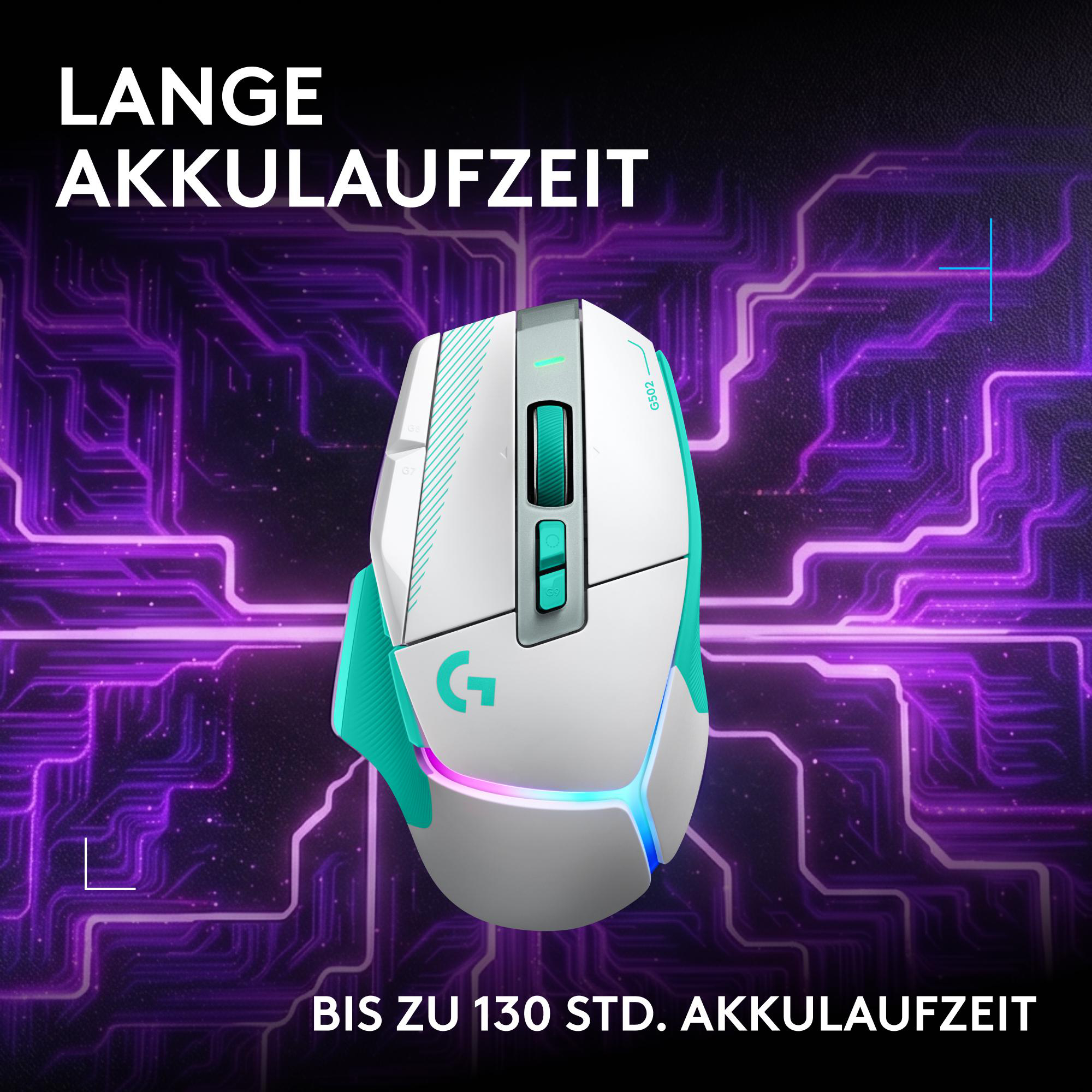 Eine weiße und türkise Gaming-Maus mit RGB-Beleuchtung vor violettem Platinen-Hintergrund.