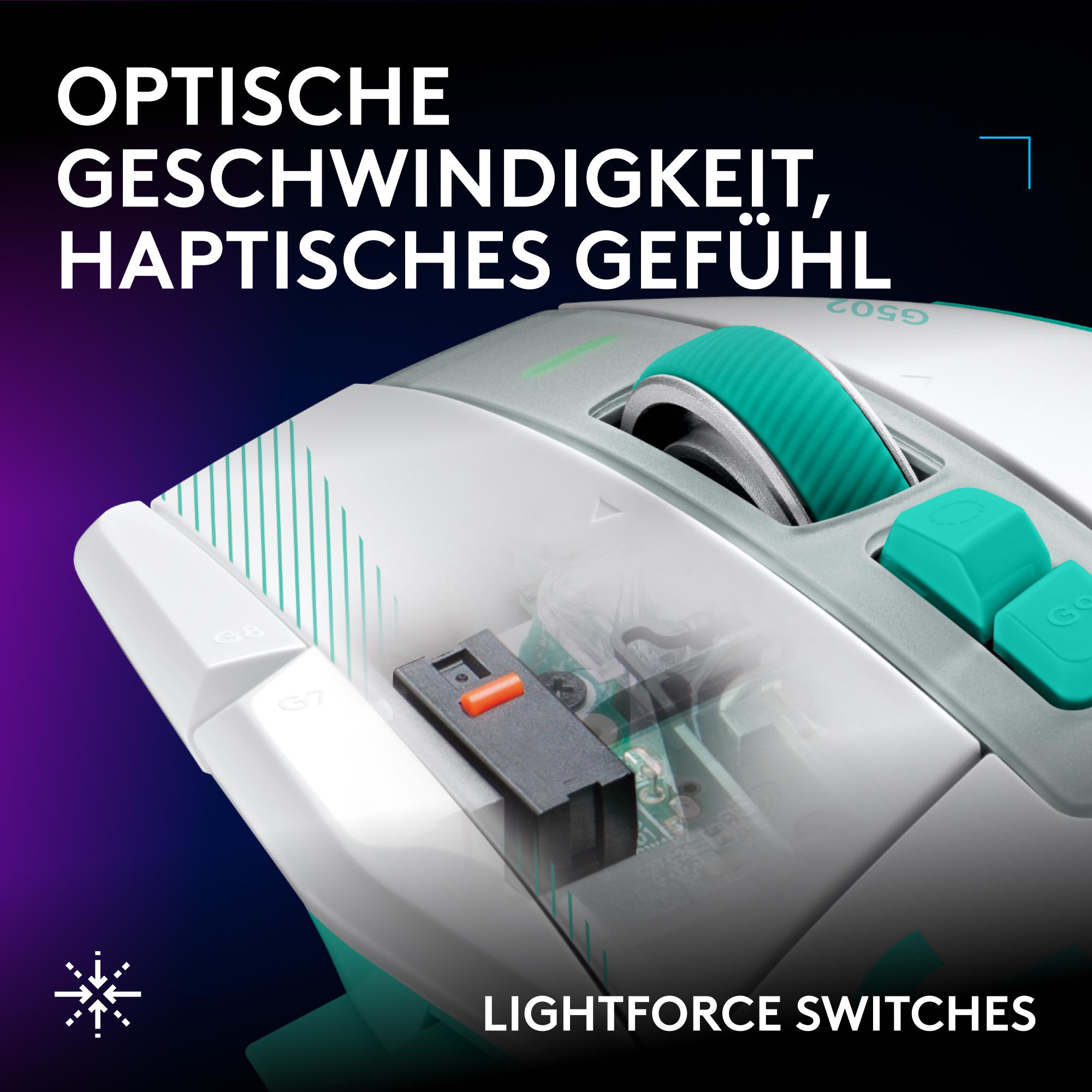 Nahaufnahme einer weißen Computermaus mit türkisfarbenen Akzenten und sichtbaren internen Schaltern.