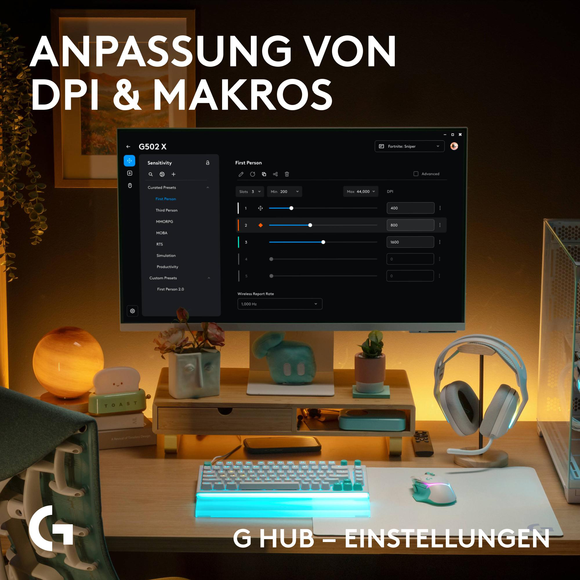 Ein beleuchteter Gaming-Schreibtisch mit Monitor, der G HUB-Software zur DPI- und Makroeinstellung zeigt.