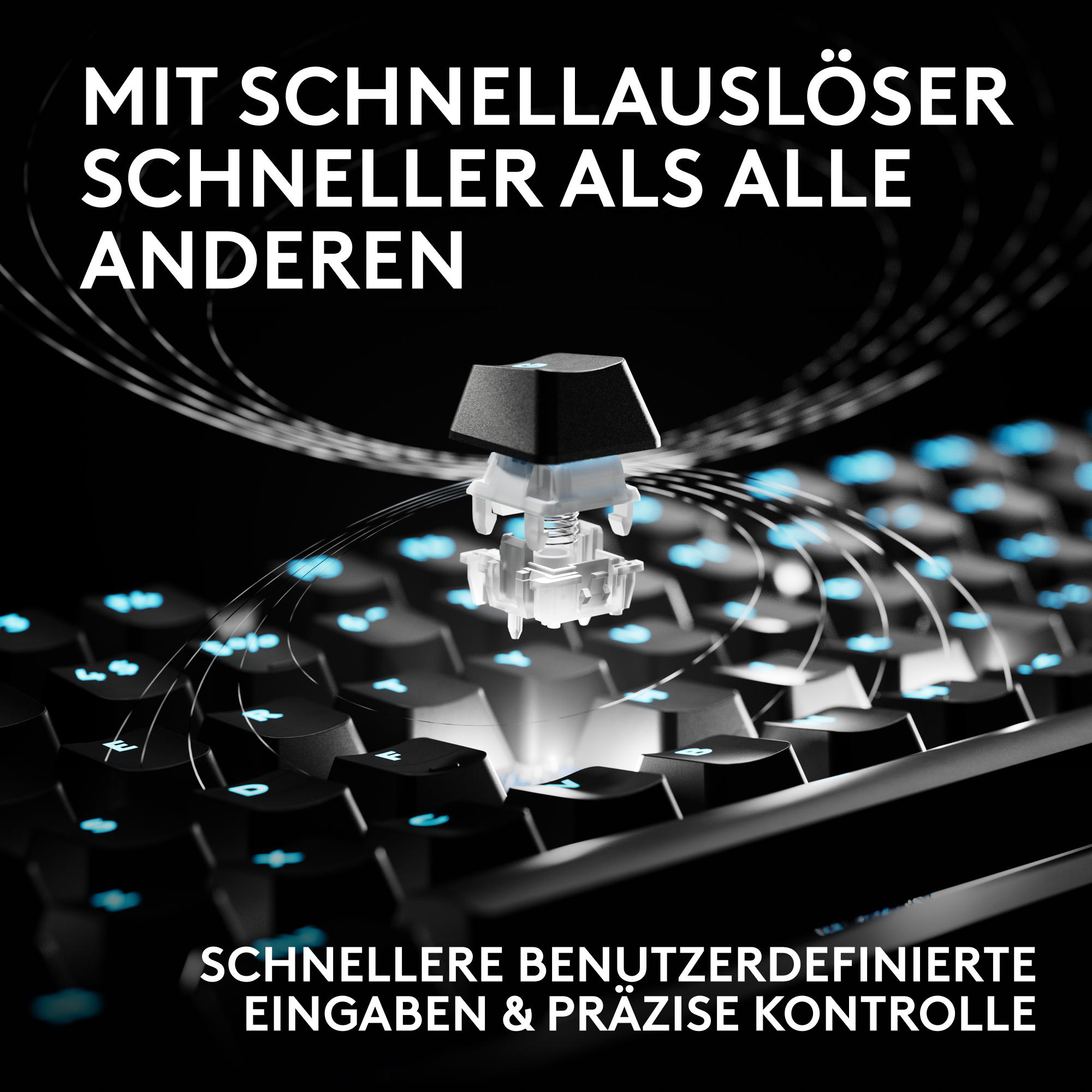 Eine mechanische Tastatur mit einem hervorgehobenen, blauen Schalter im Fokus und weißem Text darüber.