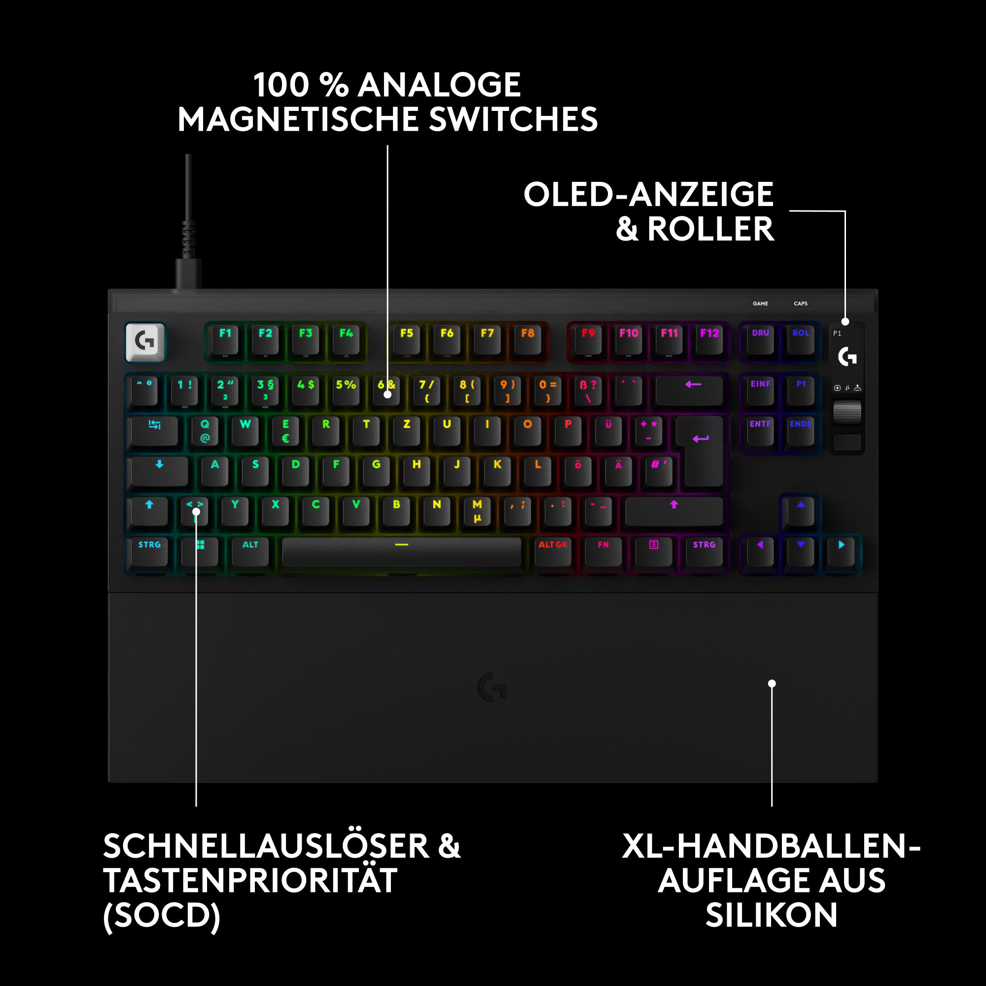 Gaming-Tastatur mit analogen Magnetschaltern, OLED-Anzeige, Roller, SOCD-Schnellauslöser und XL-Silikon-Handballenauflage.