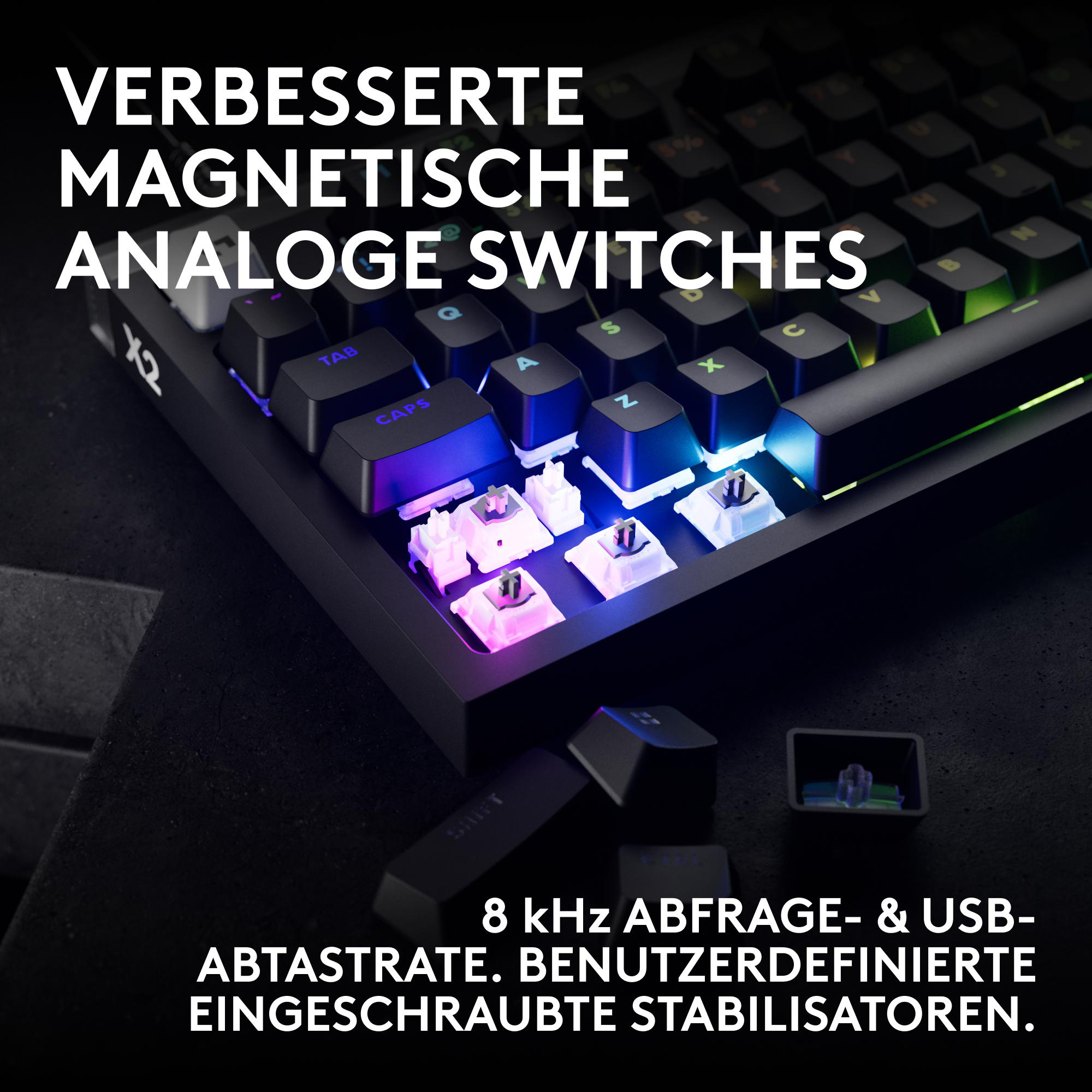 Mechanische Tastatur mit RGB-Beleuchtung und abgenommenen Keycaps, die weiße Switches zeigen.