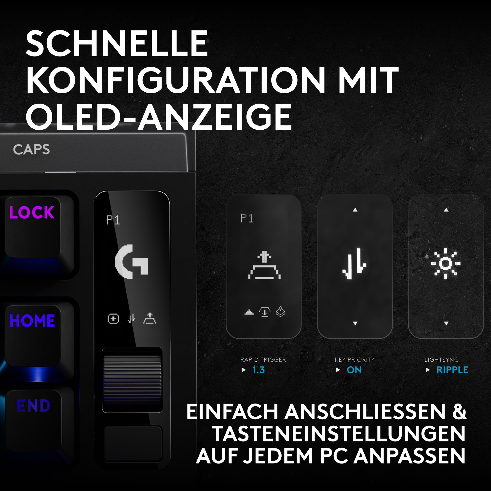 OLED-Anzeige und Tasten eines Gaming-Keyboards mit deutscher Beschriftung.
