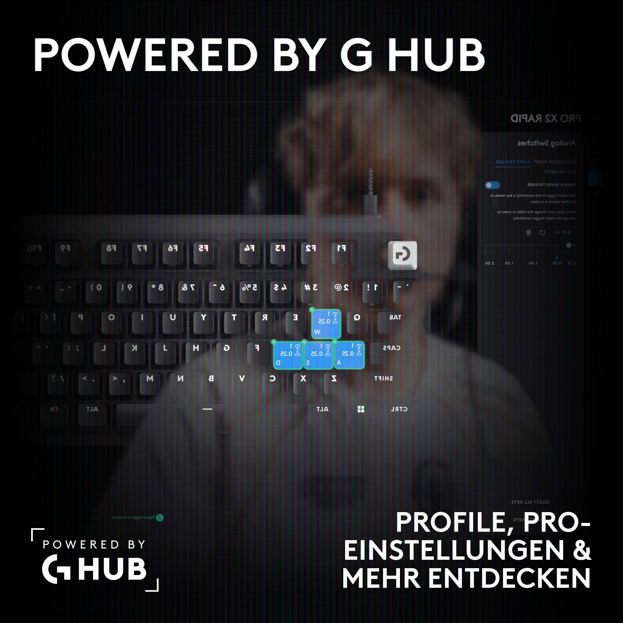 Tastatur im Vordergrund, Person im Hintergrund und der Text "POWERED BY G HUB" oben und "PROFILE" unten.