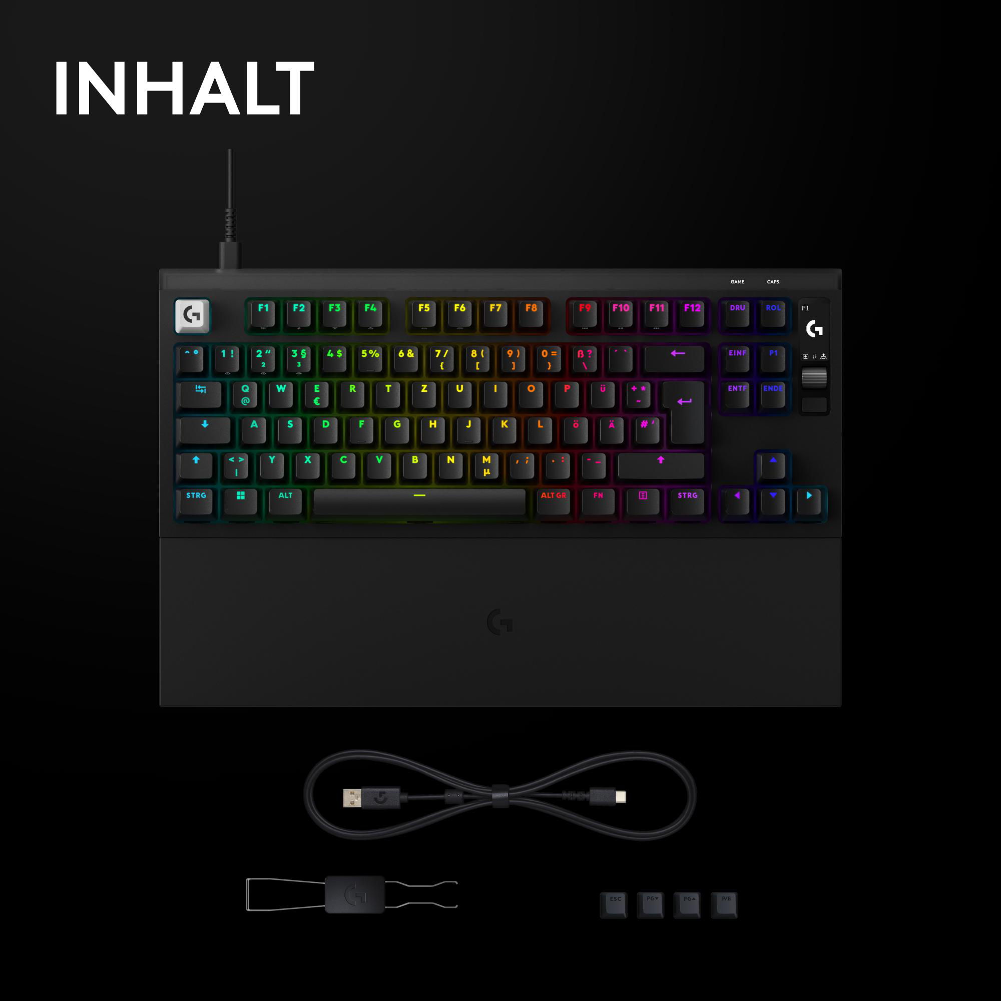 Eine schwarze Gaming-Tastatur mit RGB-Beleuchtung, ein USB-Kabel, ein Werkzeug und vier zusätzliche Tasten auf schwarzem Grund.