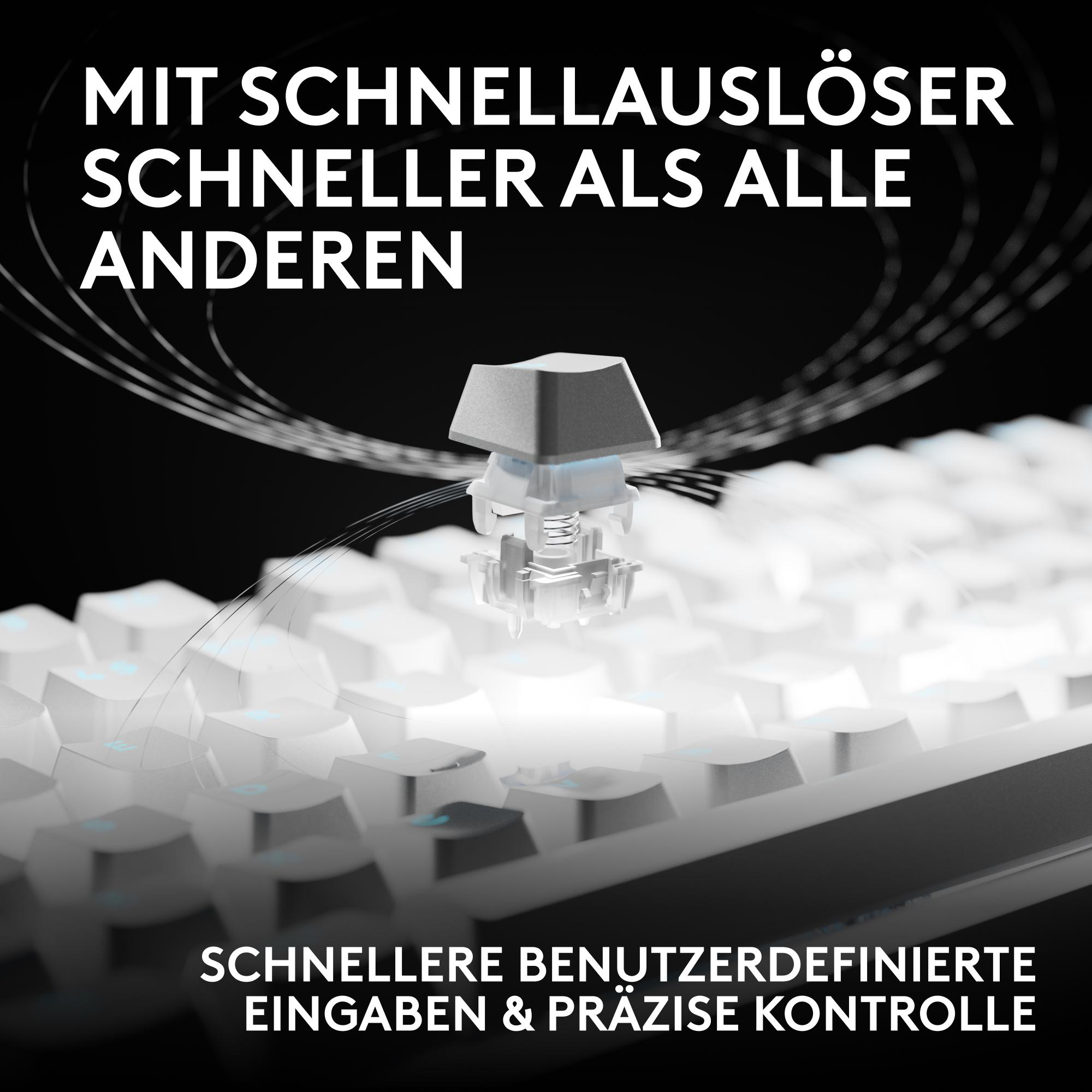 Eine exploded Ansicht eines Tastaturschalters über einer weißen Tastatur mit deutschem Text.
