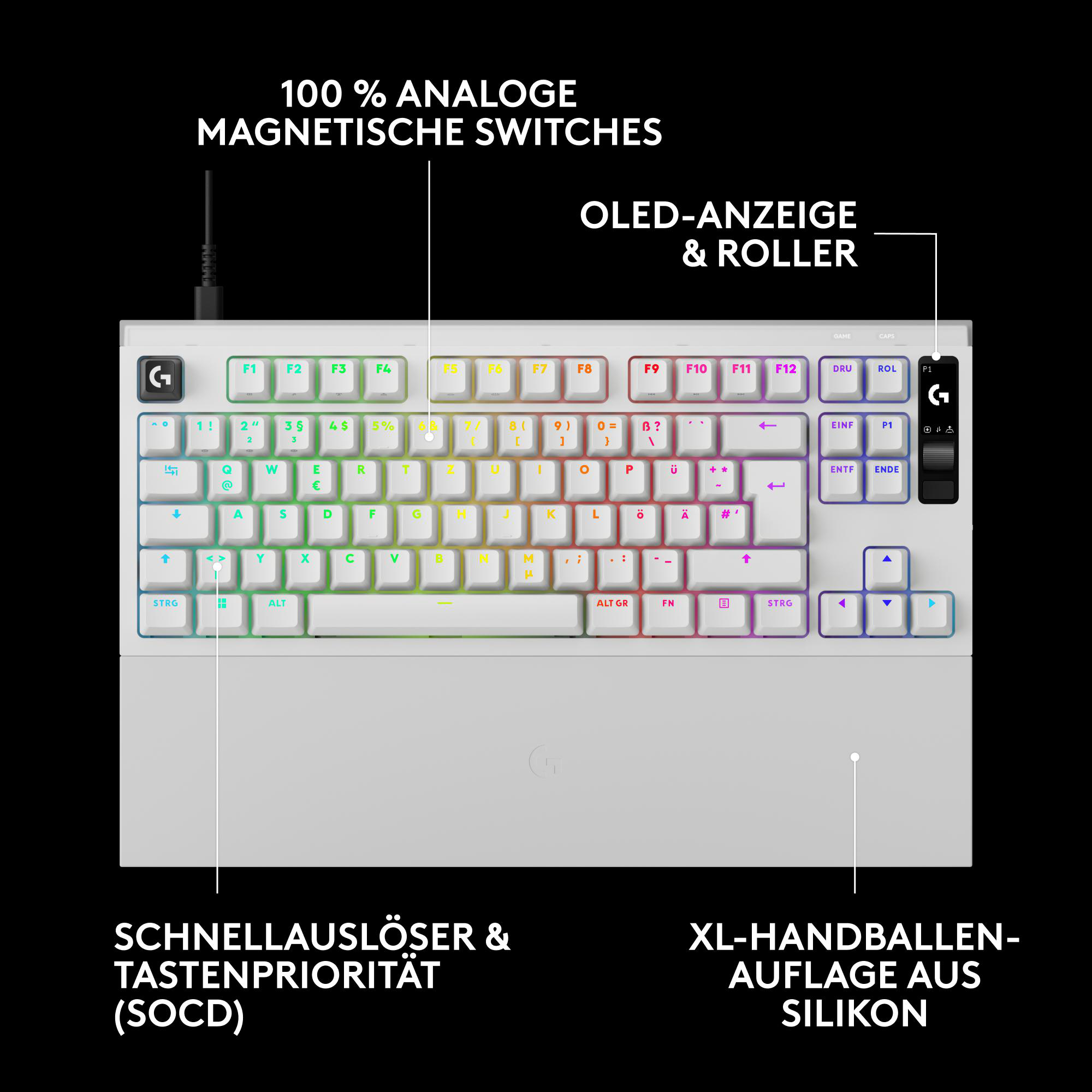Weiße Gaming-Tastatur mit RGB-Beleuchtung, OLED-Display und Silikon-Handballenauflage.