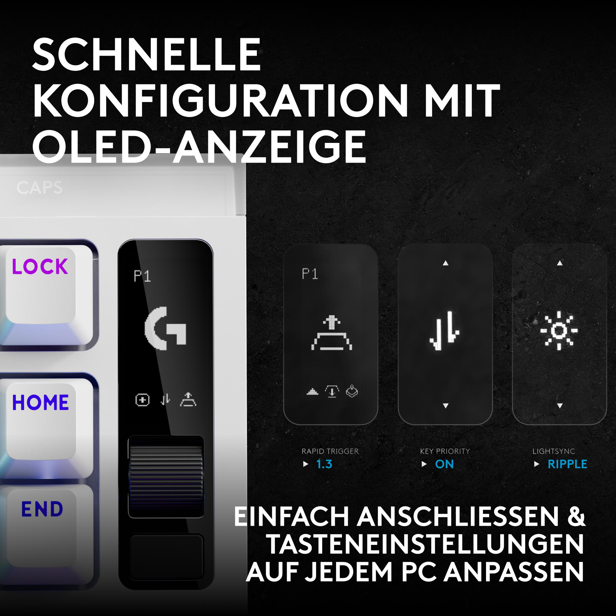 Eine weiße Tastatur mit OLED-Display zeigt Einstellungen wie Rapid Trigger und Beleuchtung auf dunklem Grund.