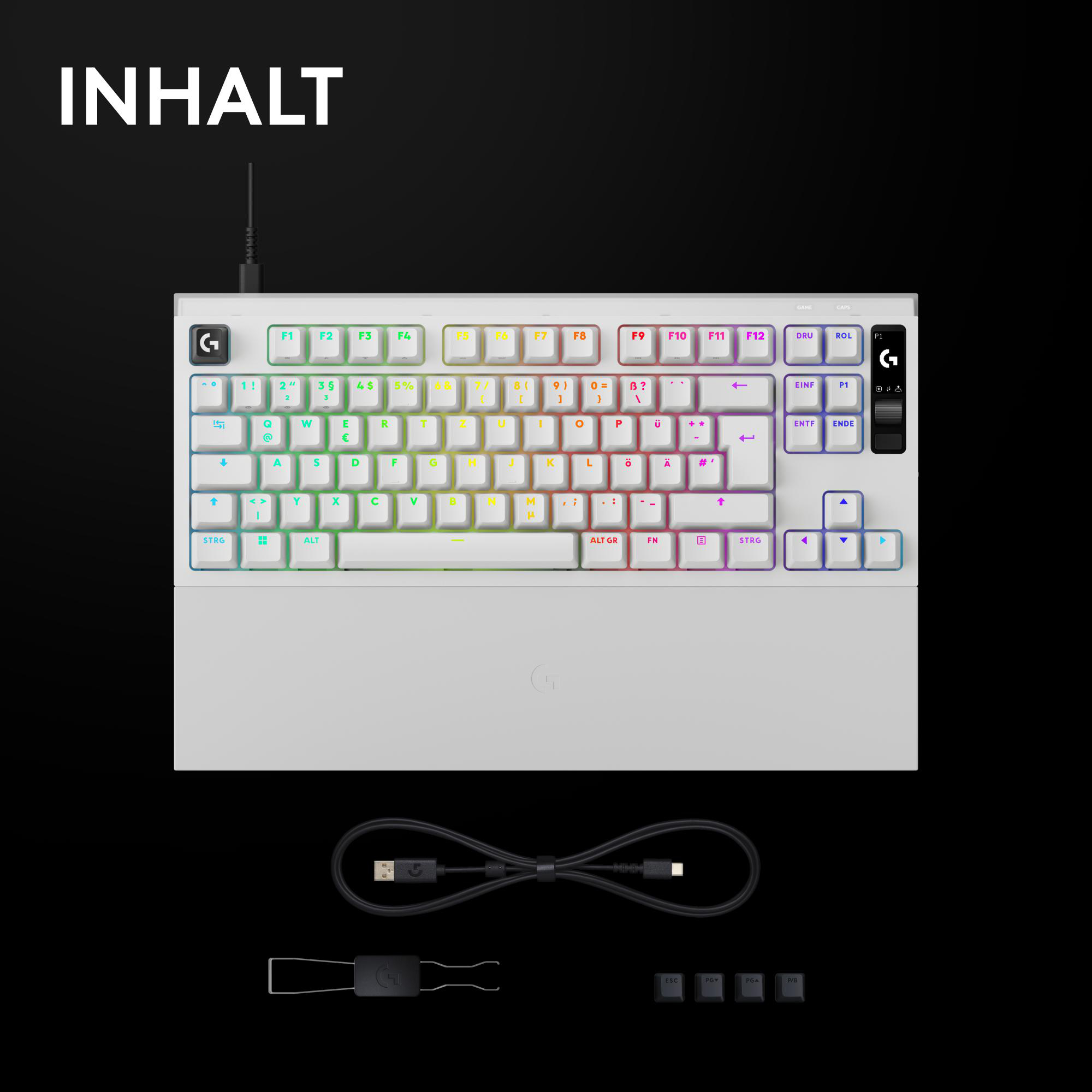Weißes Gaming-Keyboard mit RGB-Beleuchtung, Handballenauflage, USB-Kabel und Zubehör auf schwarzem Hintergrund.