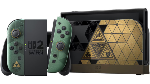Konsola Nintendo Switch w edycji Zelda ze złotymi i zielonymi wzorami geometrycznymi na stacji dokującej.