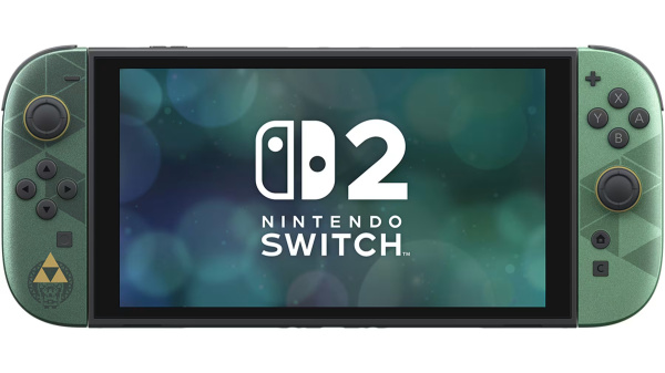 Zielona konsola Nintendo Switch 2 z motywem Zeldy i świecącym logo na ekranie.