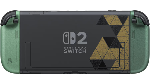 Tył szarej konsoli Nintendo Switch z zielonymi kontrolerami i złotymi wzorami.