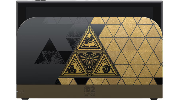 Konsola Nintendo Switch w złotym wzorze Zelda z geometrycznymi motywami.