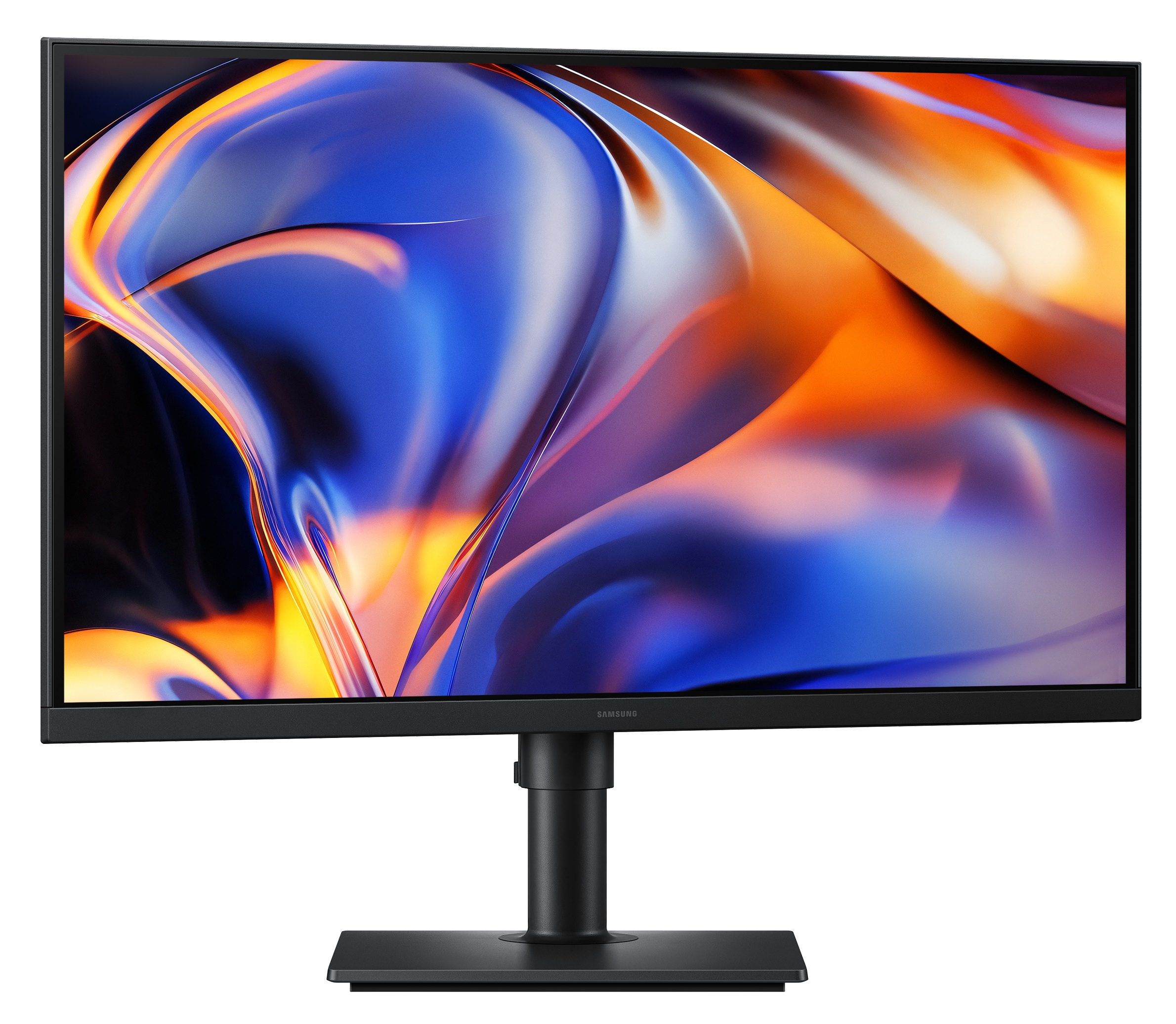 Czarny monitor Samsung na stojaku z kolorowym, abstrakcyjnym obrazem.