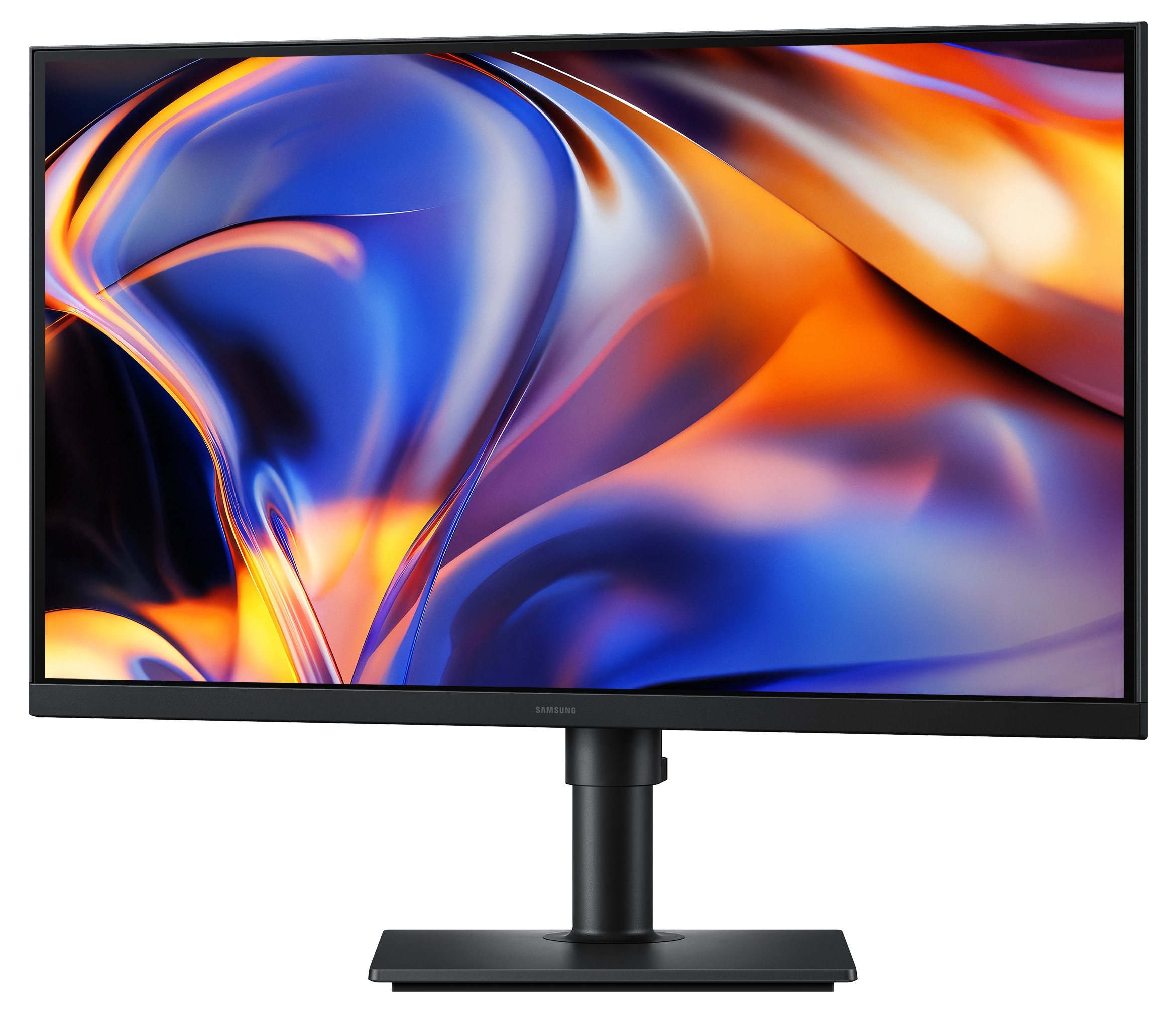 Czarny monitor Samsung na stojaku, wyświetlający na ekranie abstrakcyjny niebiesko-pomarańczowy obraz.