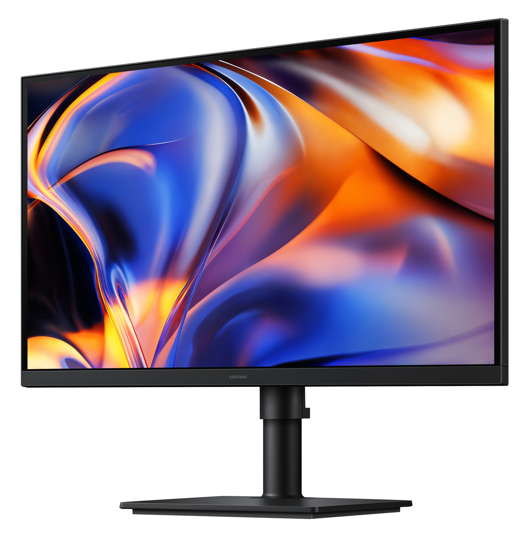 Czarny monitor Samsung na stojaku z kolorowym, abstrakcyjnym wygaszaczem ekranu.