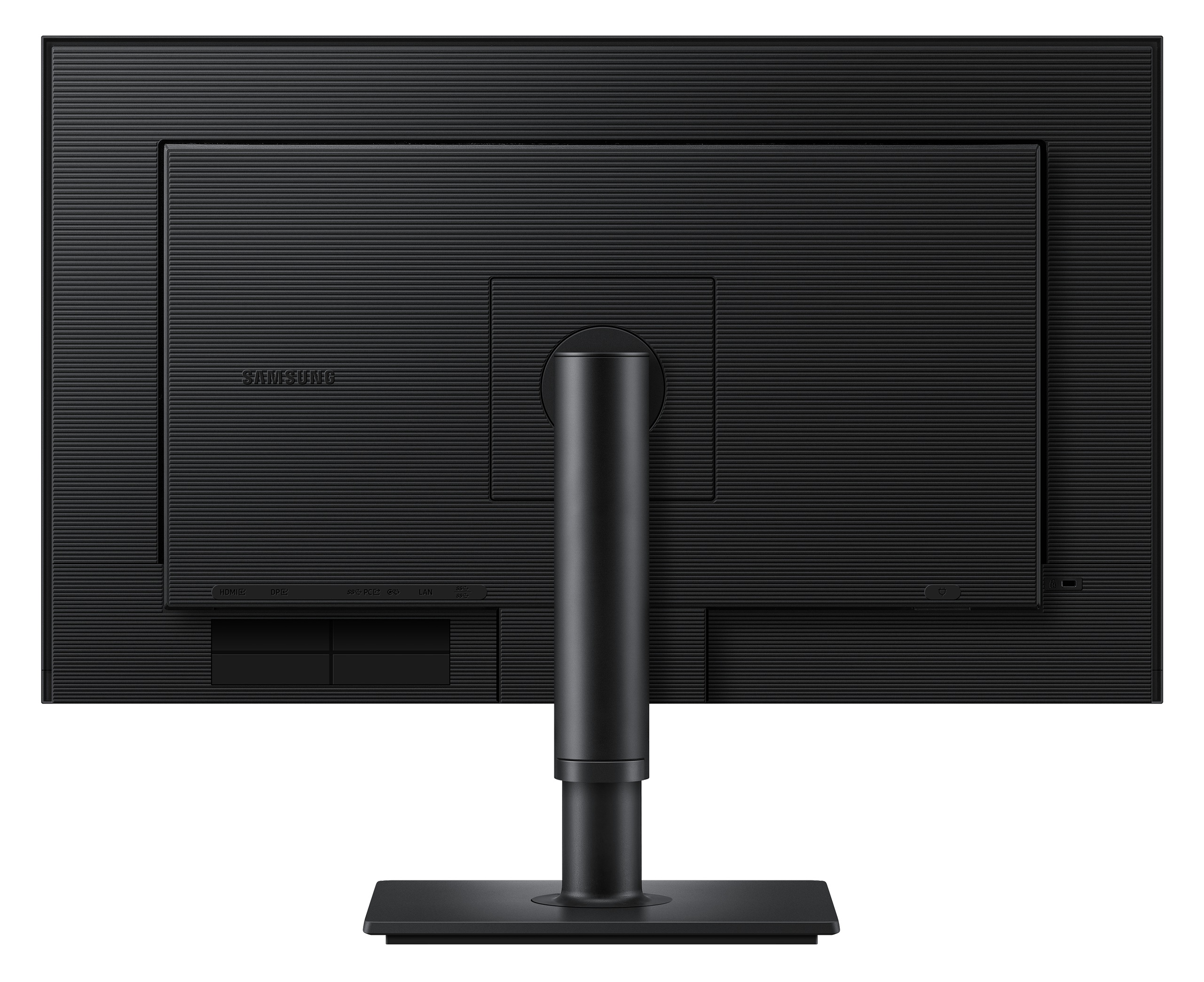 Tył czarnego monitora Samsung o żłobkowanej fakturze, z podstawą i etykietami portów.
